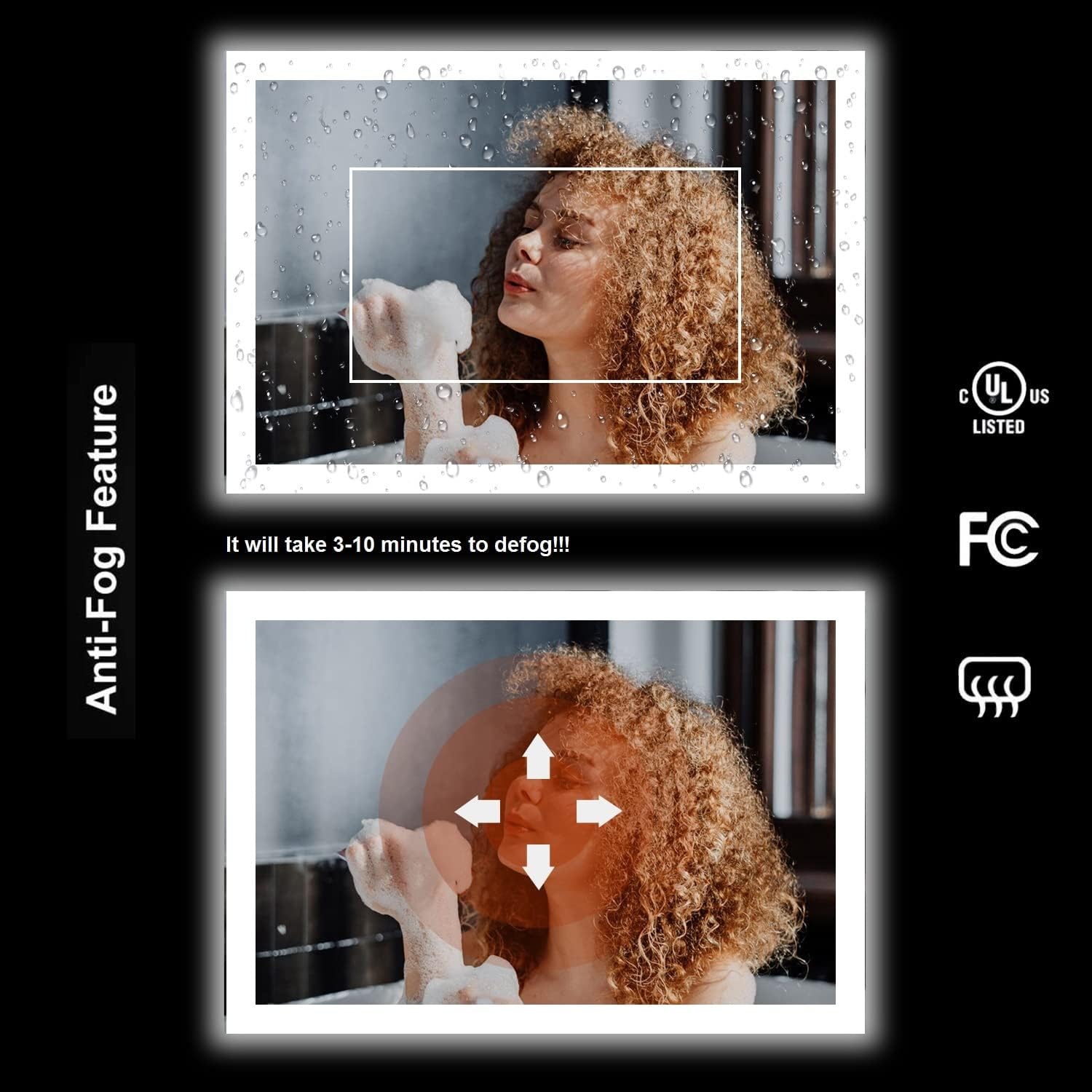 Image demonstrating the anti-fog feature of the mirror, showing a clear reflection area on a steamy mirror surface.