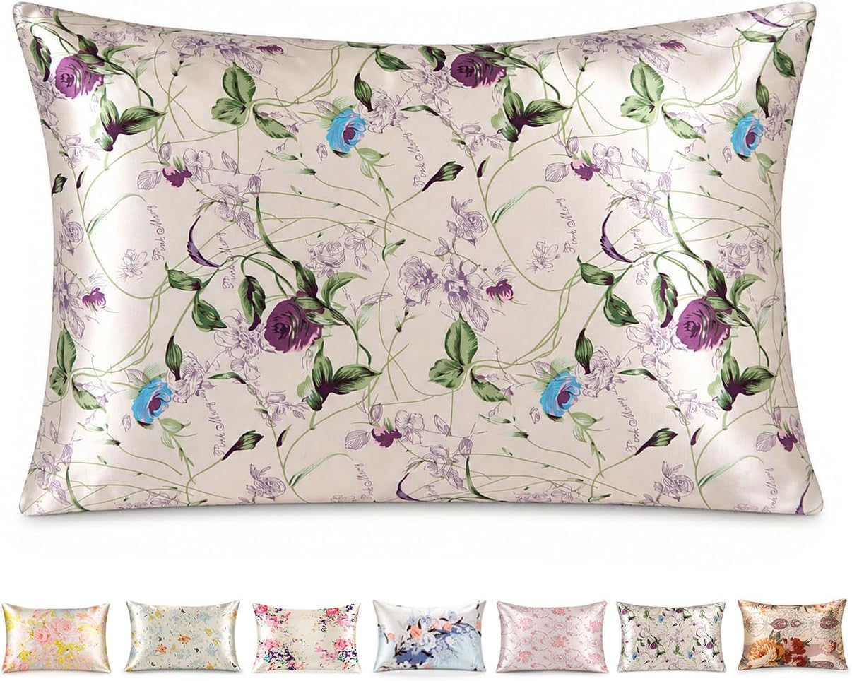100% Mulberry 19 Momme Silk Pillowcase for Hair and Skin Care, Envelope Closure, Natural Vintage Floral Printed Cooling Slip Silk Pillow Case, Soft Breathable, 1 Pack (Pink, Queen(20''×30''))