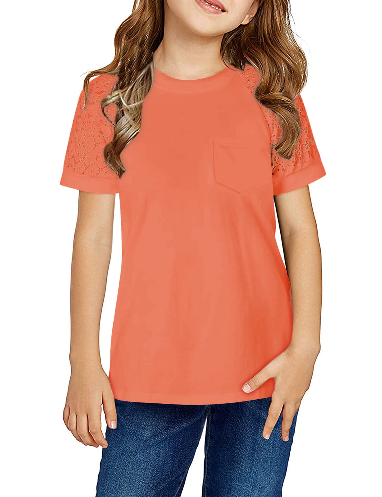 Girls Summer Short Sleeve Shirts Lace Casual Cute Crew Neck Solid Color Blouses Tops Sizes 6-15 Years