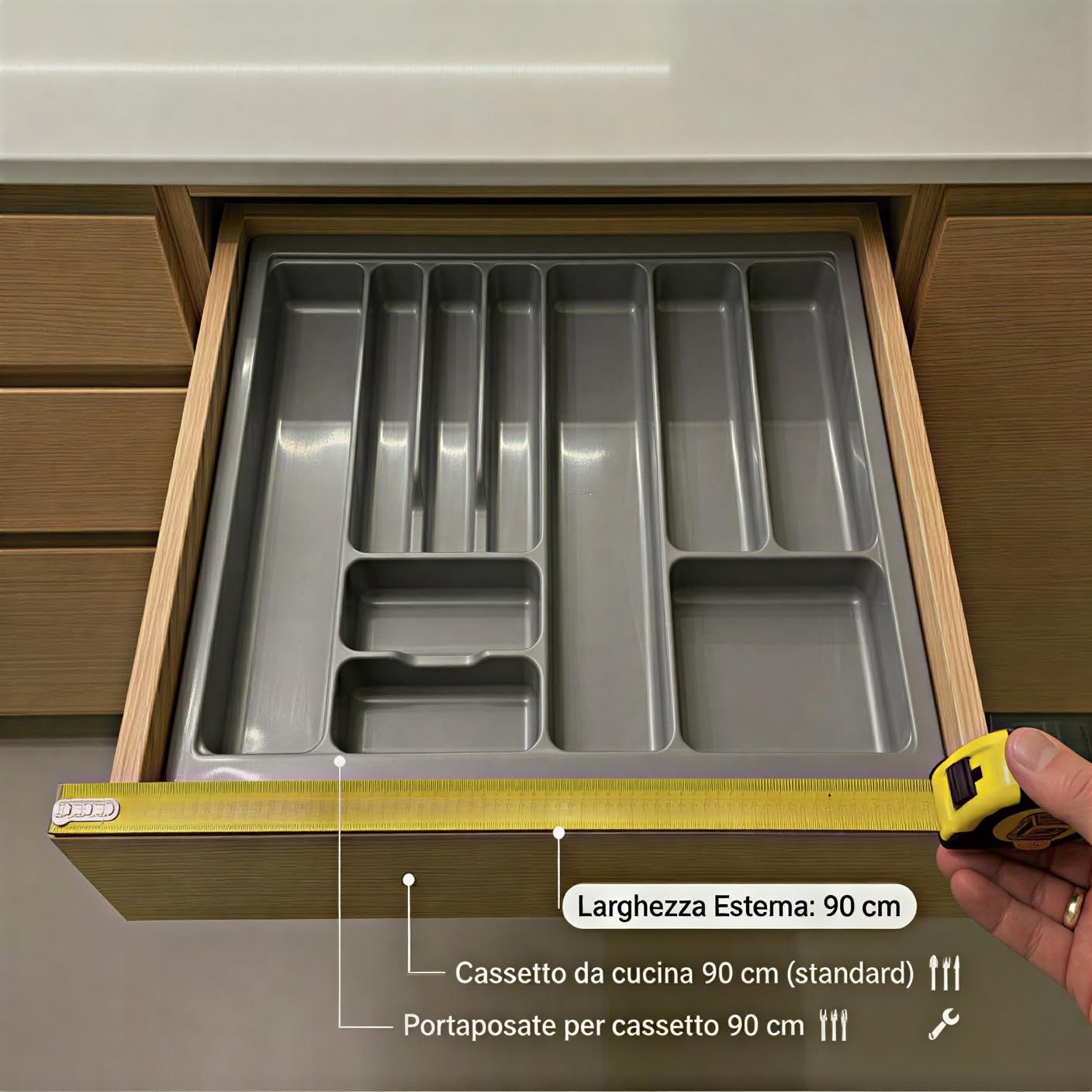 Portaposate per Cassetto Cucina 90 cm - Organizzatore Posate 836x482 mm - Plastica Grigio Antracite Robusta - 10 Scomparti