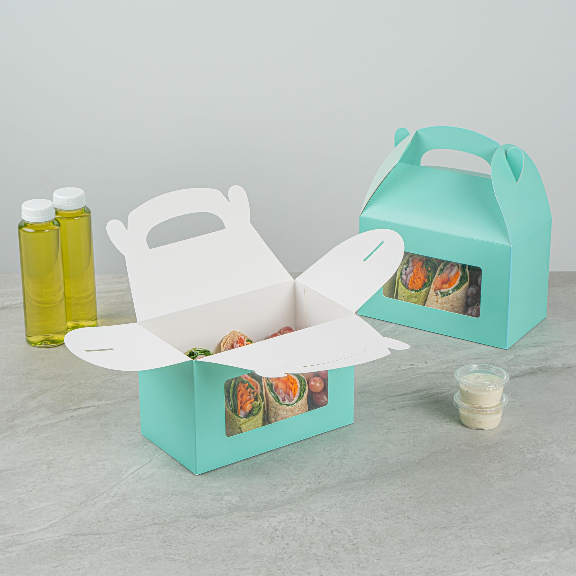 Restaurantware Bio Tek - Cajas a dos aguas de 8.5 x 4.8 x 5.5 pulgadas para recuerdos de fiesta, 100 atractivas cajas de regalo, ventana de PET transparente, con asa integrada, cajas de granero de