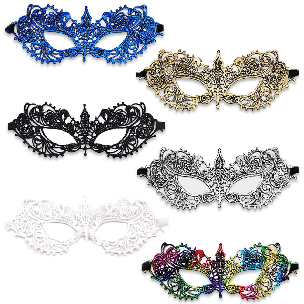 Huture6 Packs Lace Masquerade Mask Small Cusp Lace Eye Patch for Women Mascarade Ball Sexy Lady Half Prom Masks Fancy Dress Venetian Halloween Carnival Cosplay Party Decoration Make Up Favors, 6 Colors