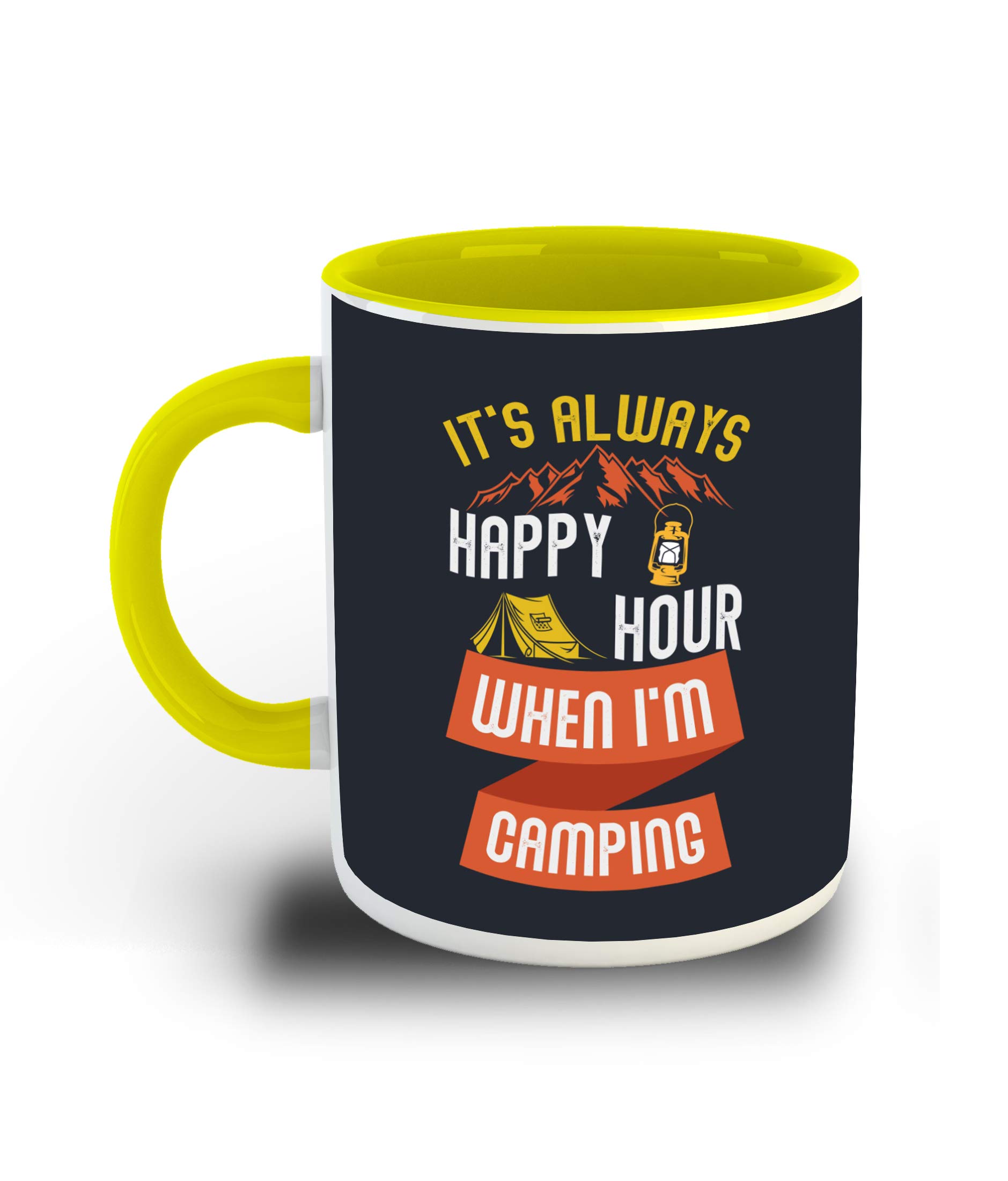 It is Always Happy Hour When I am Camping Quote on Yellow Inner Color Ceramic Coffee Mug