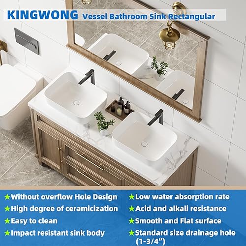 Miniatura 16 de KINGWONG Fregadero de encimera de 24 pulgadas para baño, lavabos de baño rectangulares modernos, poco profundos, de porcelana de cerámica blanca
