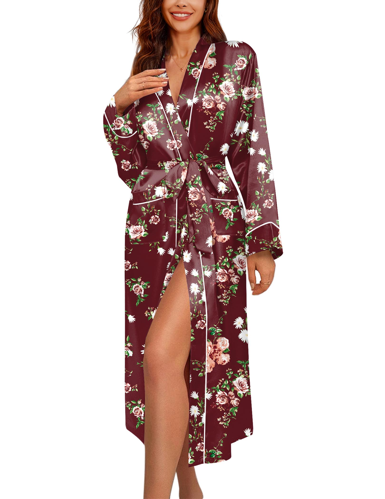 Ekouaer Satin Robes for Women Long Sleeve Silk Bathrobe Soft Lightweight Full Length Sleepwear Bridesmaid Wedding Party Robes