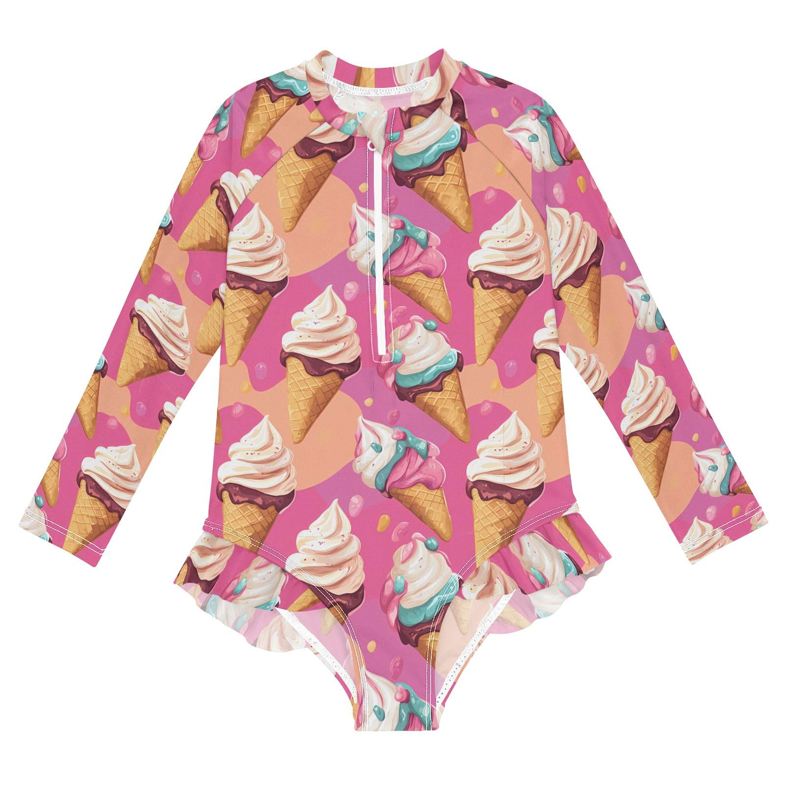 ALAZA Swimsuit for Girls Long Sleeve Rashguard Bathing Suit Ice Cream Pinks Quick Dry 4T