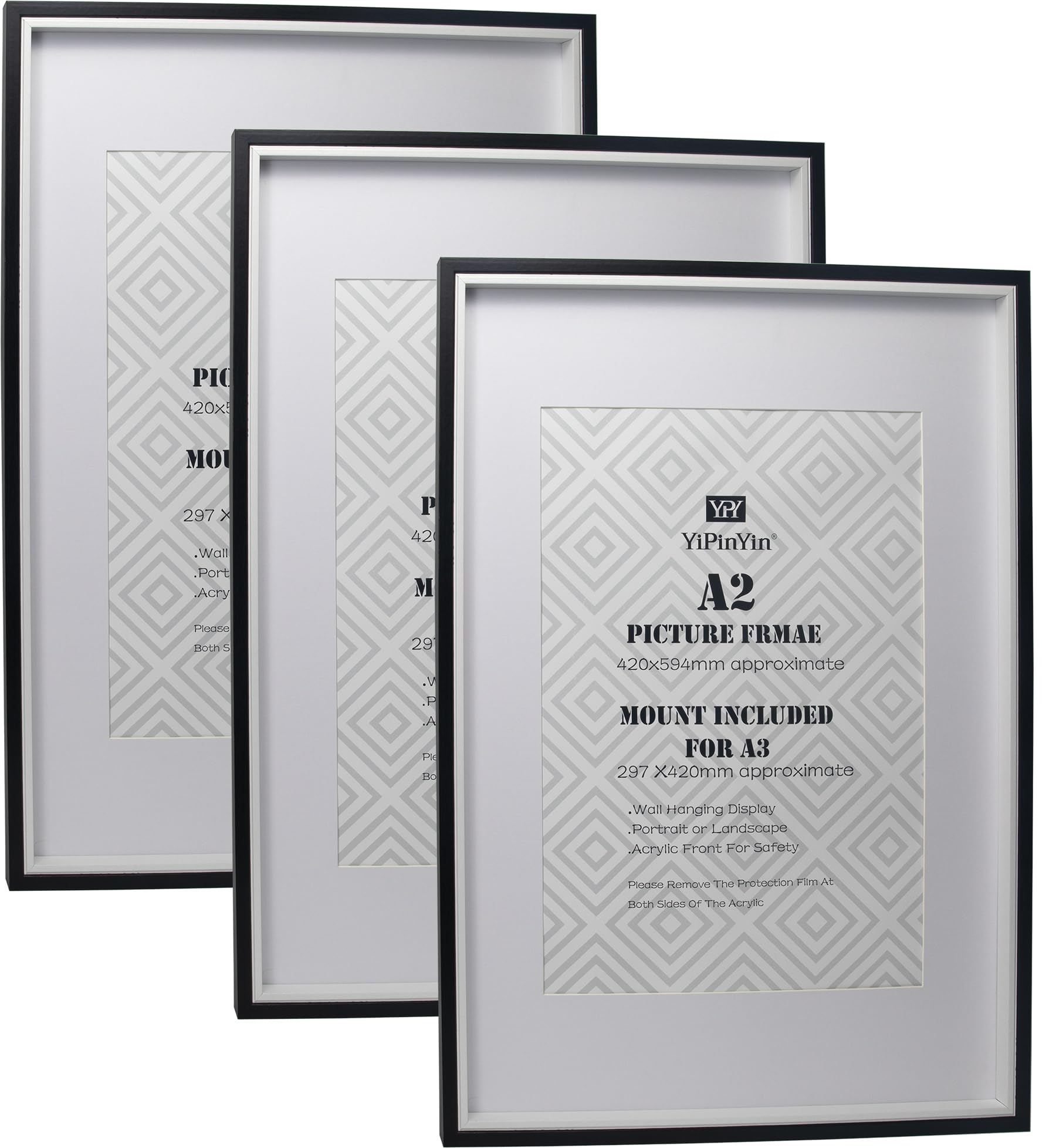 Black & White Two Tone A2(42x59.4cm) Picture Frames Set of 3 with Mounts for A3(29.7X42CM), A3 boxed photo frames 3pack,A2 wooden Effect Poster Frame Mount for A3 photo — image 1