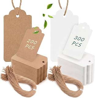 500 PCS Gift Tags with String Bundle, Assorted White and Brown Kraft Paper Hang Labels, Decorative Cardstock for Presents DIY Crafts Wedding Birthday Party Favors