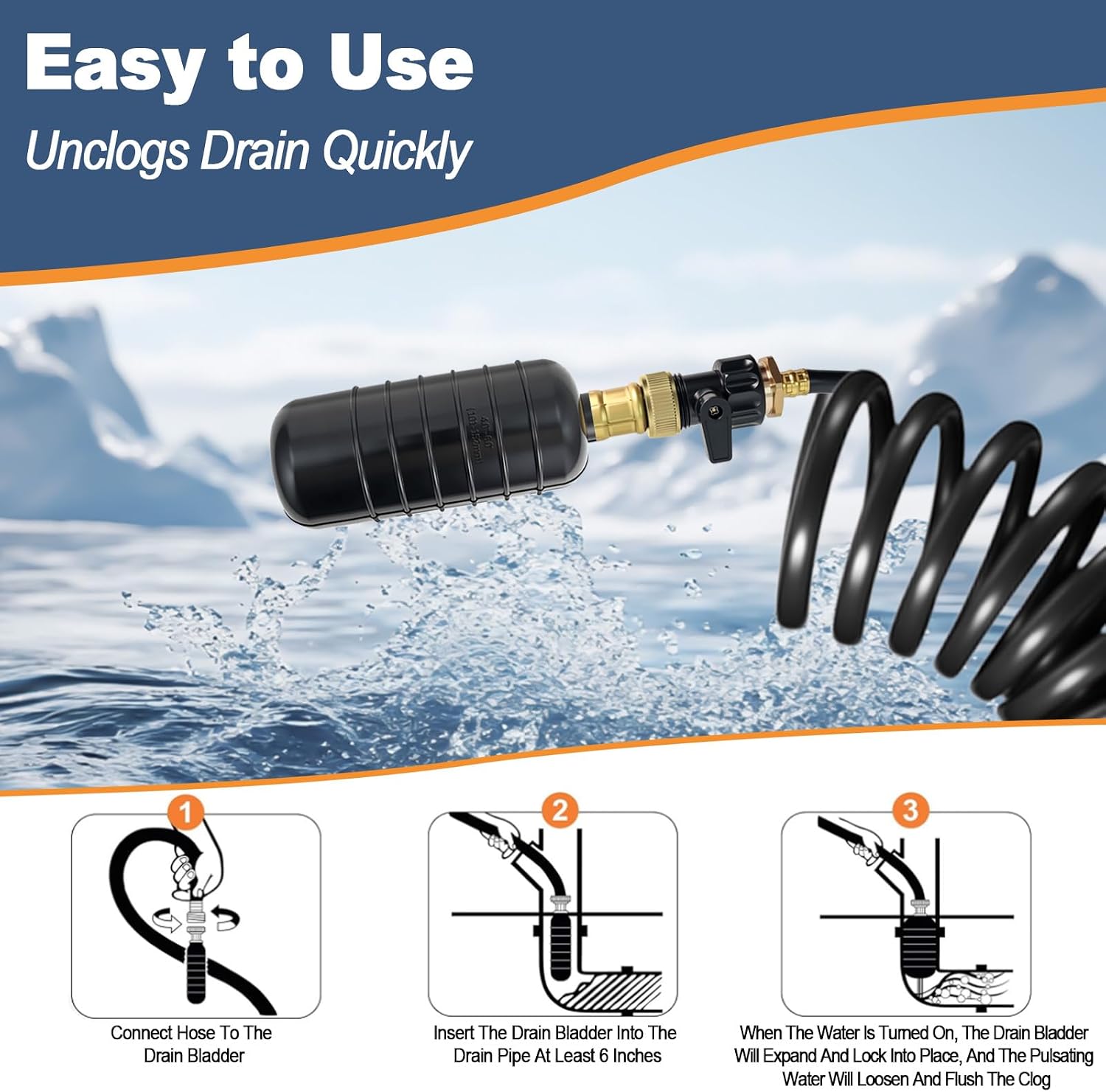 Ketofa Drain Cleaning Bladder Kit, 1-6 Inch Rubber Bladders, 3 Pack | 3 Sizes, Water-Powered Drain Unclogger, Durable Rubber Construction, Sinks, Showers, Pipes and Sewer Lines