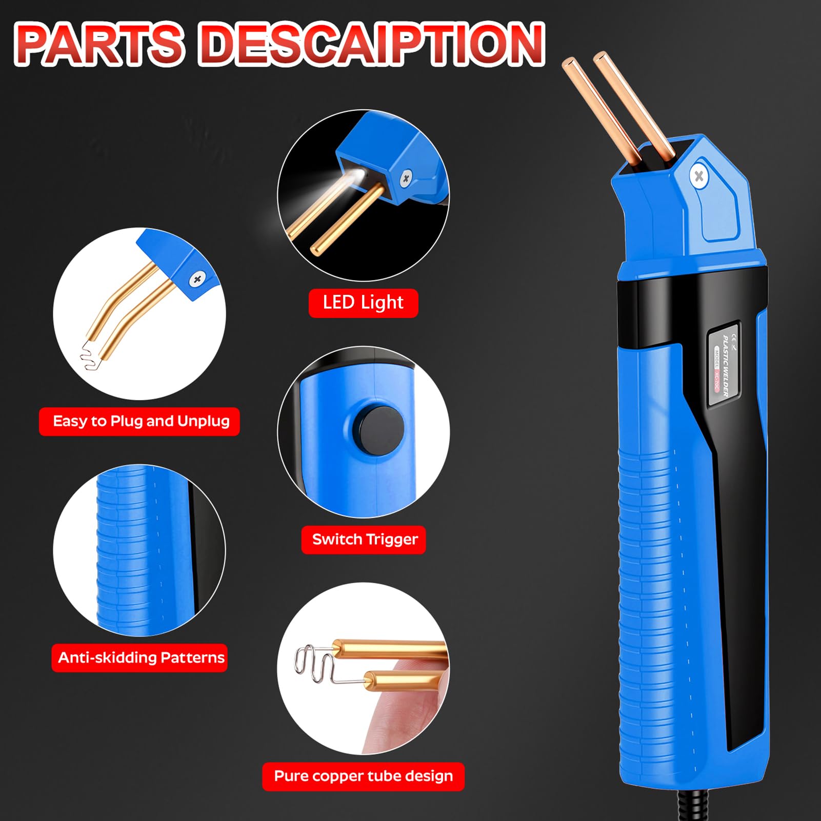 Luocute Kit di Saldatura per Plastica, Saldatore 5 in 1 con Strumenti per Modellare il Taglio a Caldo e Perni di Saldatura da 205 Pezzi, per la Riparazione della Plastica del (BLUE)