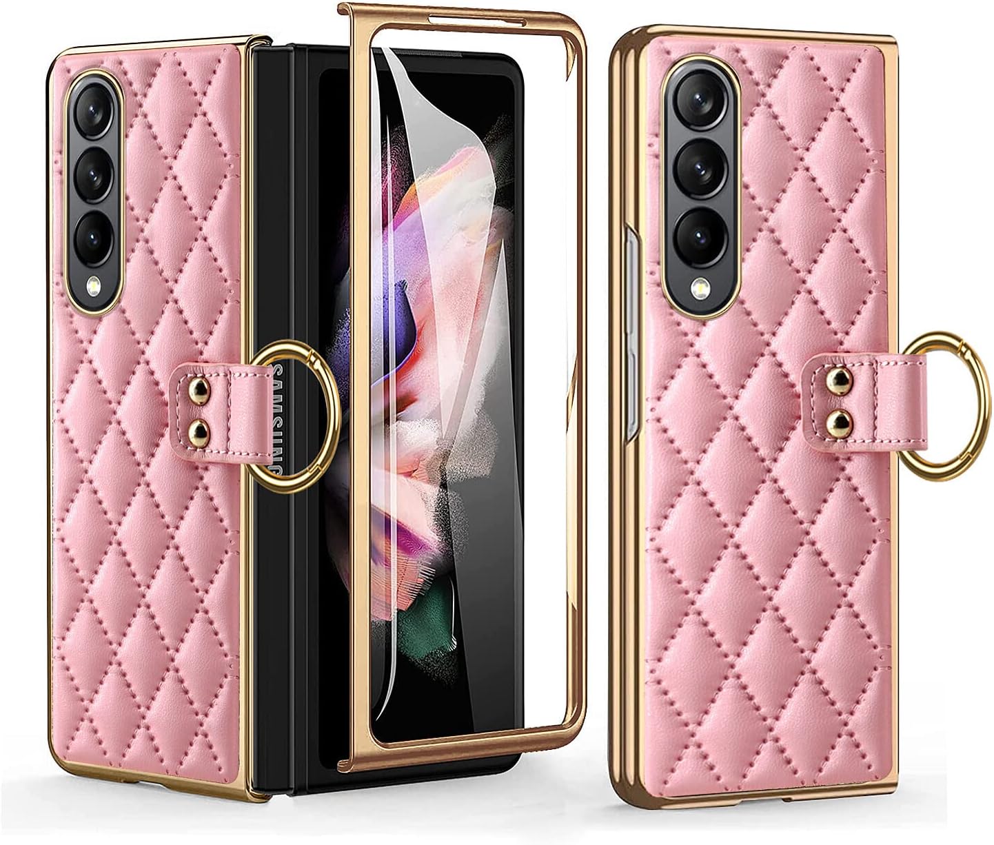 for Samsung Galaxy Z Fold 4 High-end Stylish Business Diamond Leather Phone Case with Ring Design, Anti-Slip, Anti-Drop, and Two-in-One Protection.(Pink)