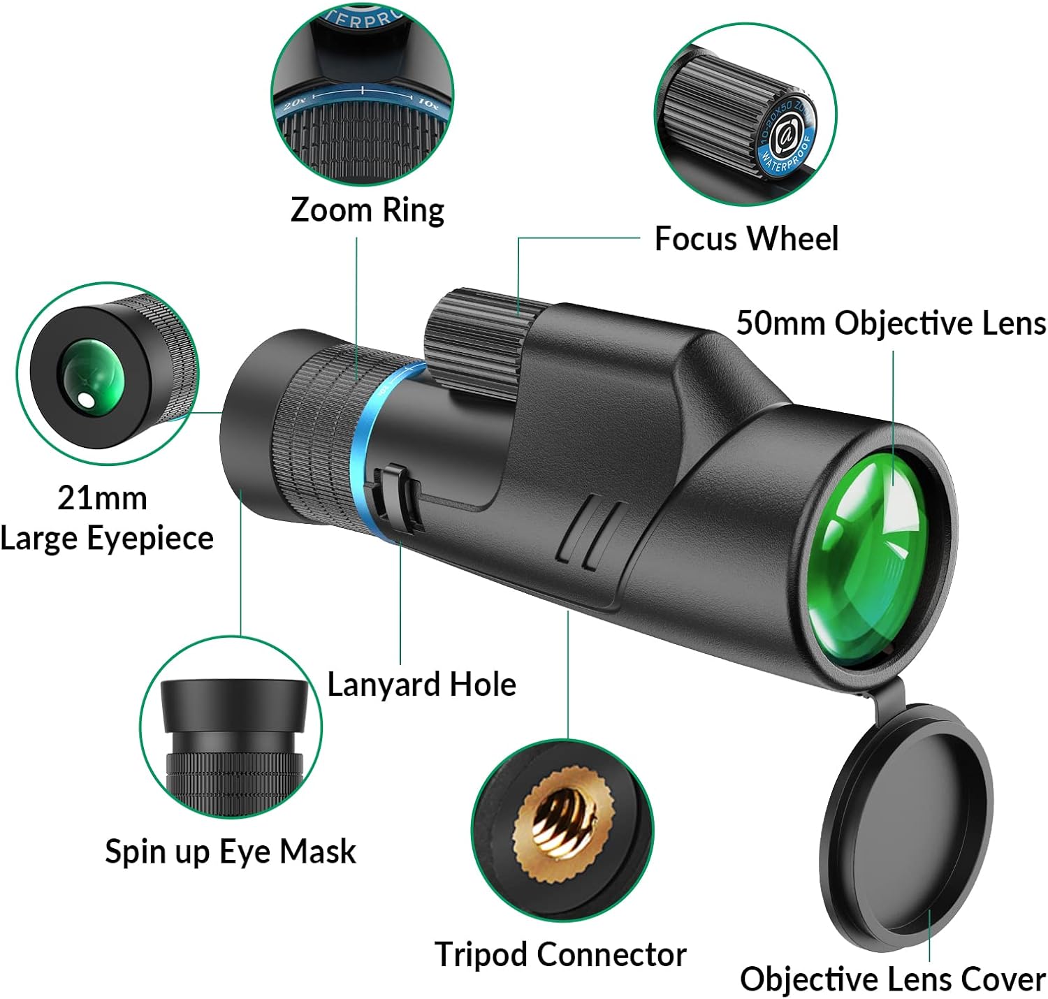 Diagram of APEXEL 10-20X50 Monocular components: Zoom Ring, Focus Wheel, 50mm Objective Lens, 21mm Large Eyepiece, Lanyard Hole, Spin up Eye Mask, Tripod Connector, Objective Lens Cover
