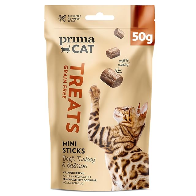 PrimaCat - Mini palitos Softy sin Cereales para Gatos, Sabor de Vaca, Pavo y salmón, 50 g