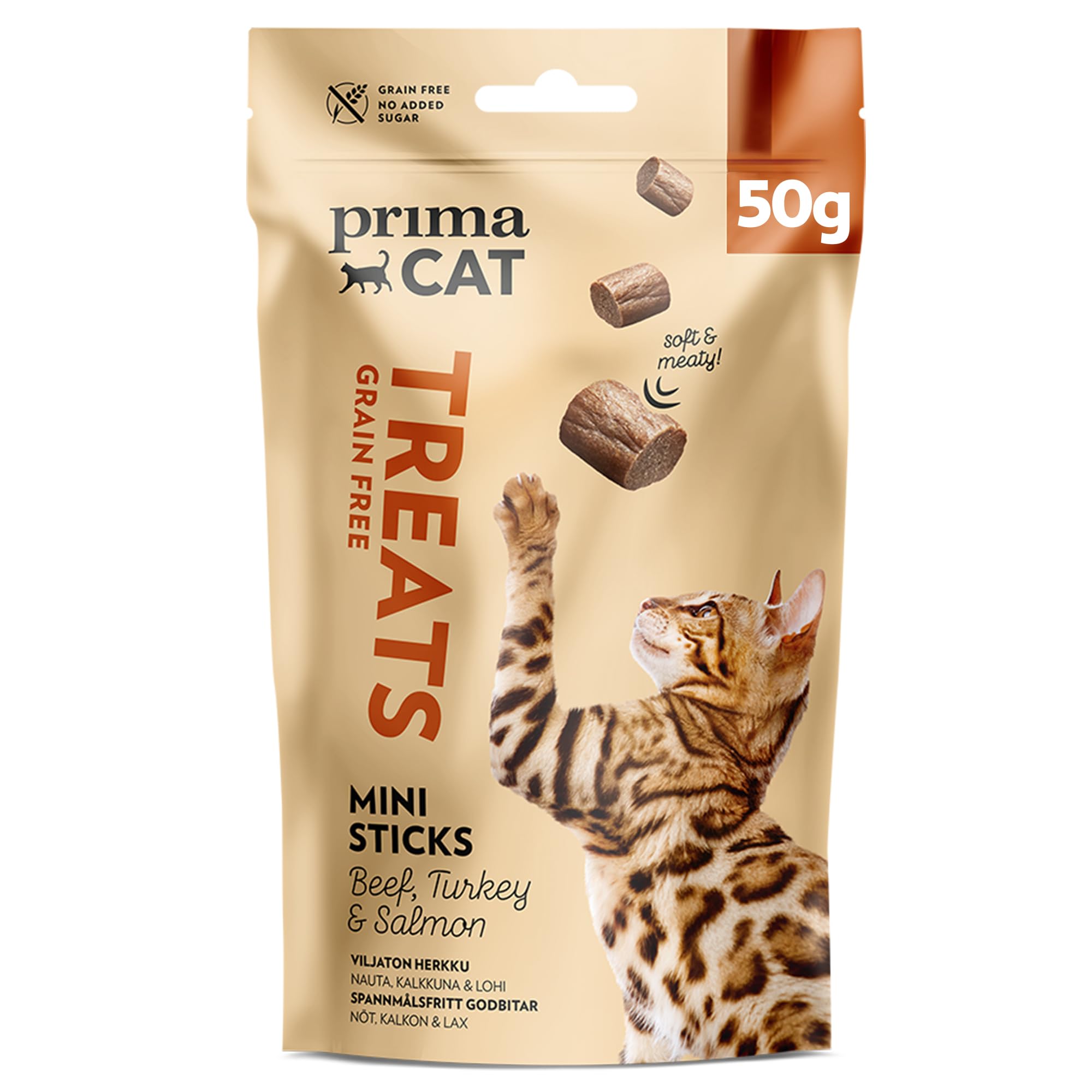 PrimaCat - Getreidefreie Softy Mini Sticks Katzenleckerlis, Geschmacksrichtung Rind, Truthahn und Lachs, 50g