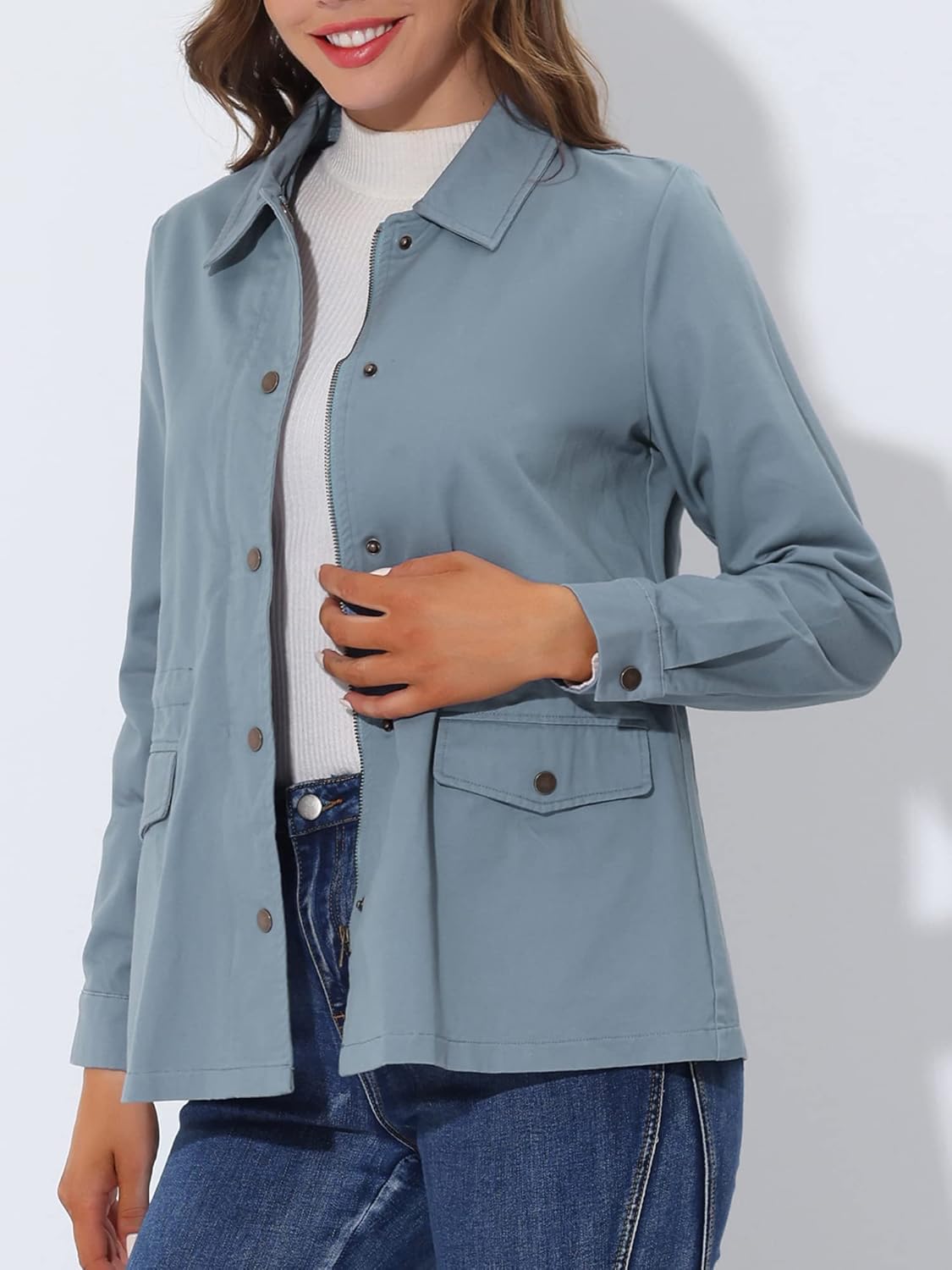 Allegra K Women's Utility Jacket Zip Up Drawstring Waist Snap Buttons Lightweight Anorak Jackets with Pockets - Image 2