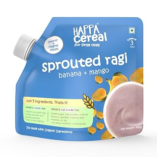 Happa Ragi Mango Banana Organic Cereal for Babies | Only 3 Ingredients | No Sugar, Oil, Milk Powder, Flavours or Colours | Traditional Porridge Recipe | Cooks in 3 Minutes | Stage 2 (6 Months+) | 200g Pack