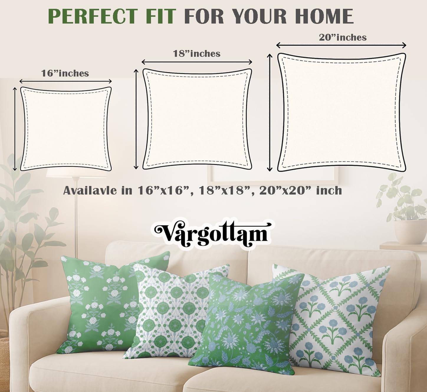 Set of 4 16x16 Cotton Cushion Covers - Decorative Reversible Pillow Covers with Concealed Zipper - Filler Not Included - Block Print, Green