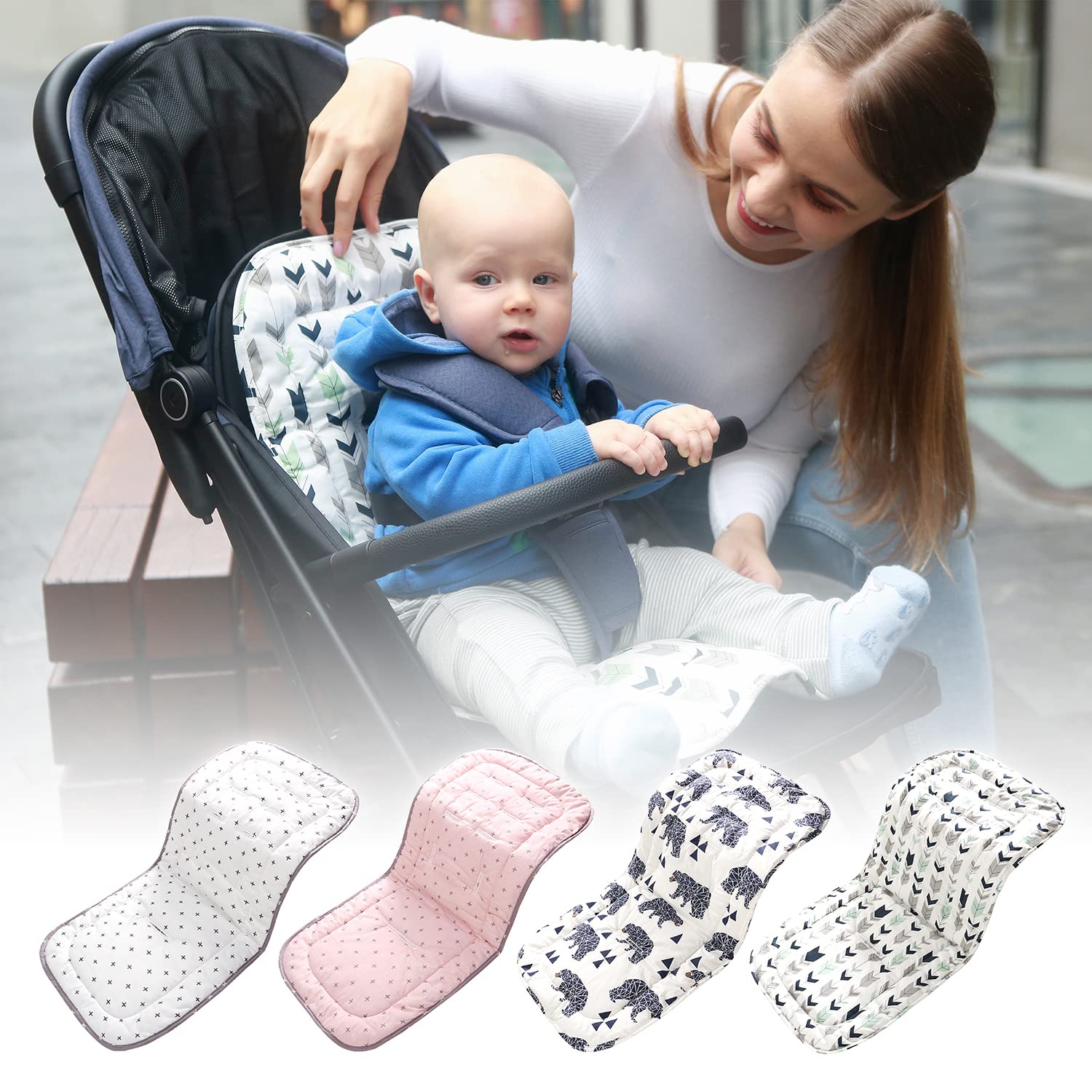 Baby Pushchair Seat Liners, Pram Liner Universal 100% Cotton Pushchair Liner Thick Baby Stroller Liner Pad Seat Cover Seat Cushion Pad Stroller Pram Pushchair for Toddler Infant (Pink Cross) — view 2