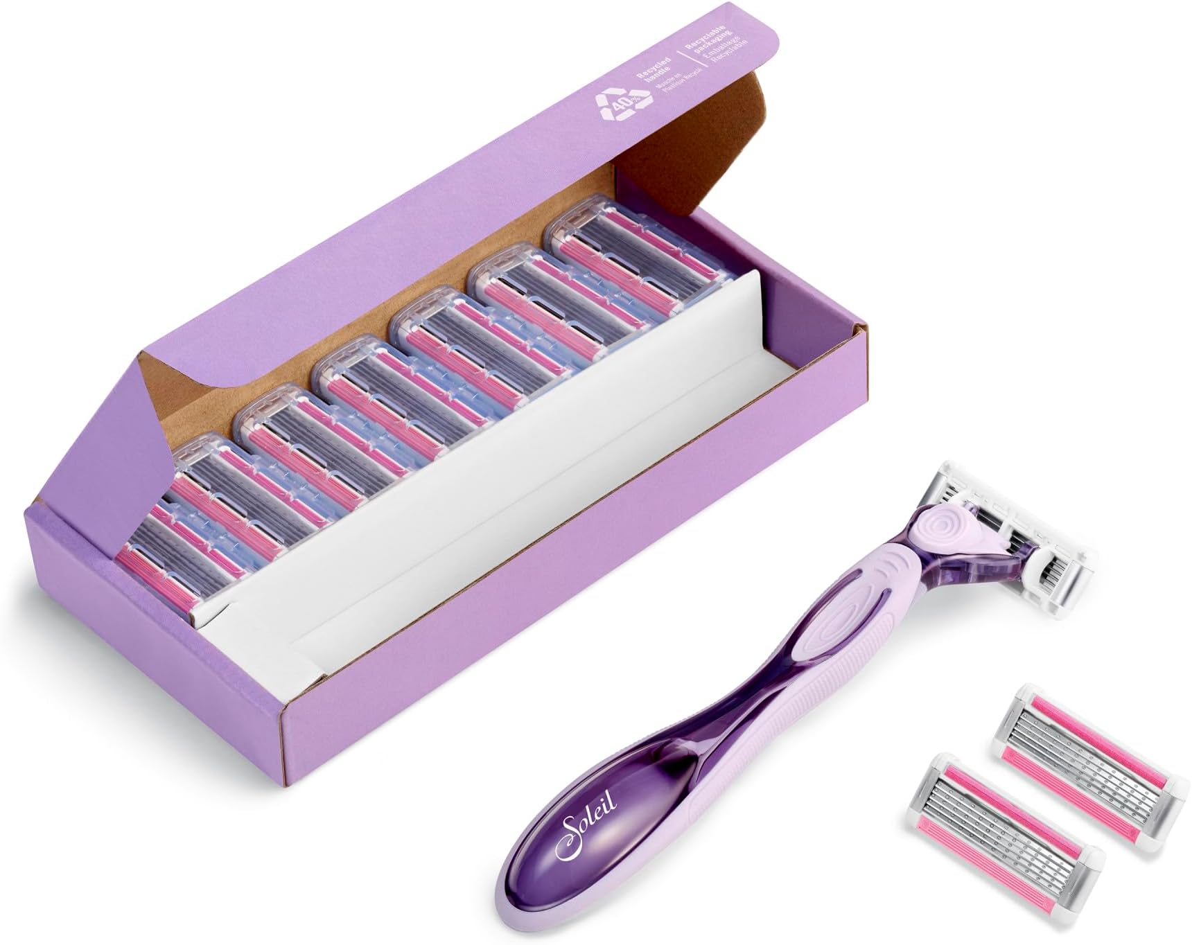 Bic Click 5 Soleil Refillable Women's Razor, 40% Recycled Plastic Handle with Rubber Grip, 10 x 3-Blade Refills, Lubricating Strip - Bundle of 1+10, Purple