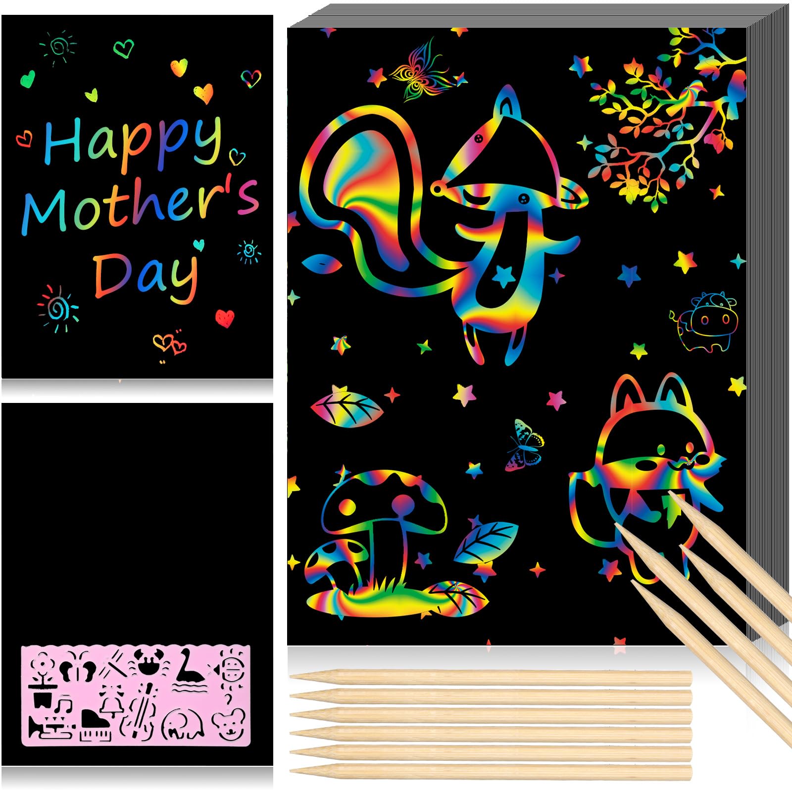 Sabary 100 Pcs Scratch Paper Art Black Scratch Off Paper for Kids Mother's Day Drawing Coloring Rainbow Art Supplies Kits Welcome to School Gifts for Girls Boys Birthday Party Games Toys