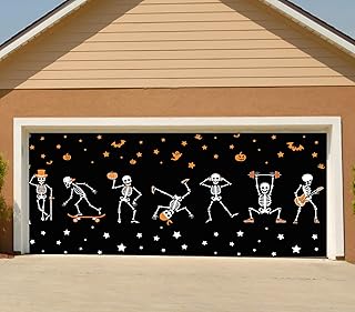 Halloween Garage Door Banner Cover, Funny Pumpkin Skeleton Halloween Hanging Backdrop Mural Decorations, Halloween Decor for Outdoor Indoor Home Yard Porch Party Wall Window, 6 X 13 Ft