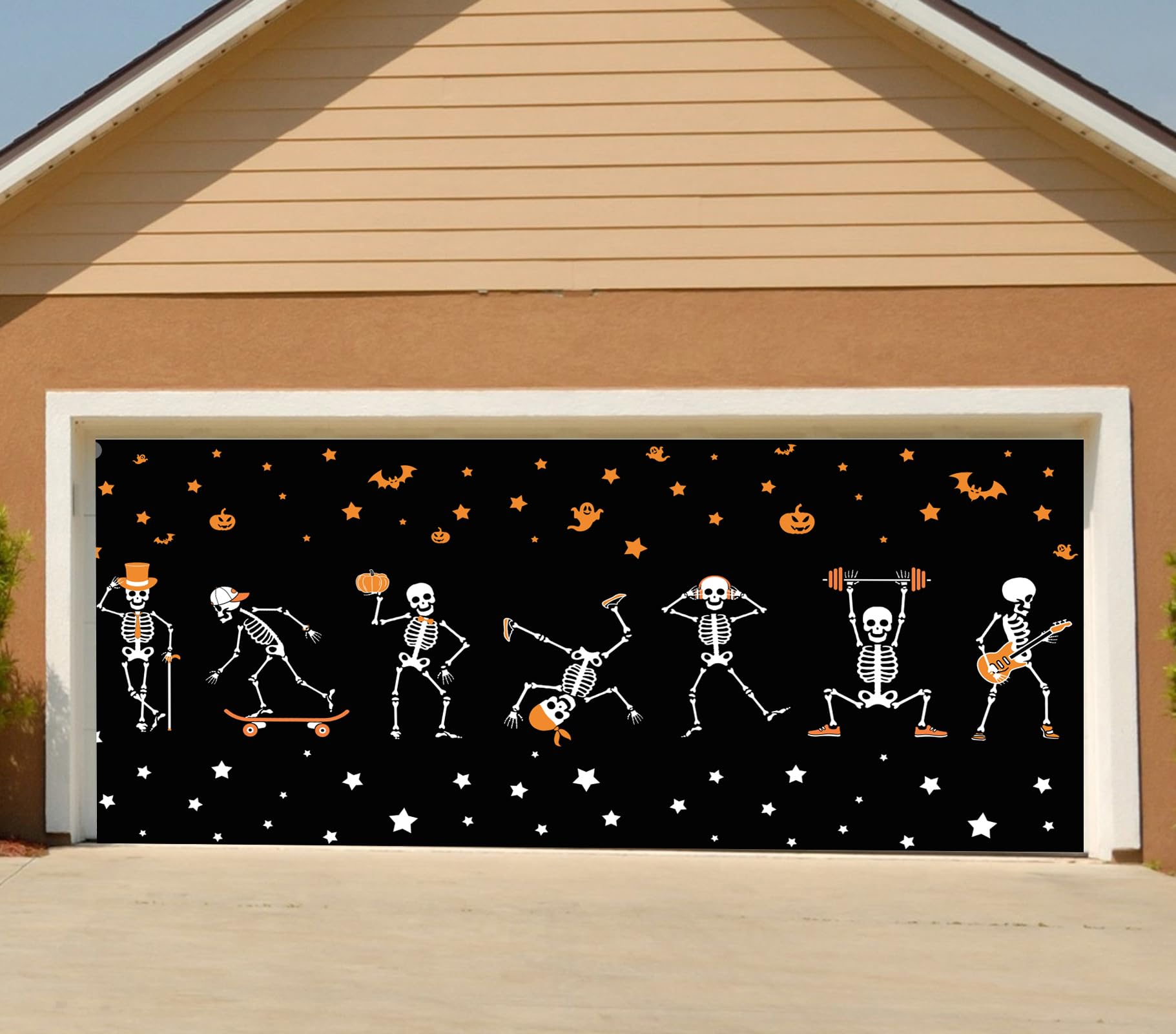 Halloween Garage Door Banner Cover, Funny Pumpkin Skeleton Halloween Hanging Backdrop Mural Decorations, Halloween Decor for Outdoor Indoor Home Yard Porch Party Wall Window, 6 X 13 Ft