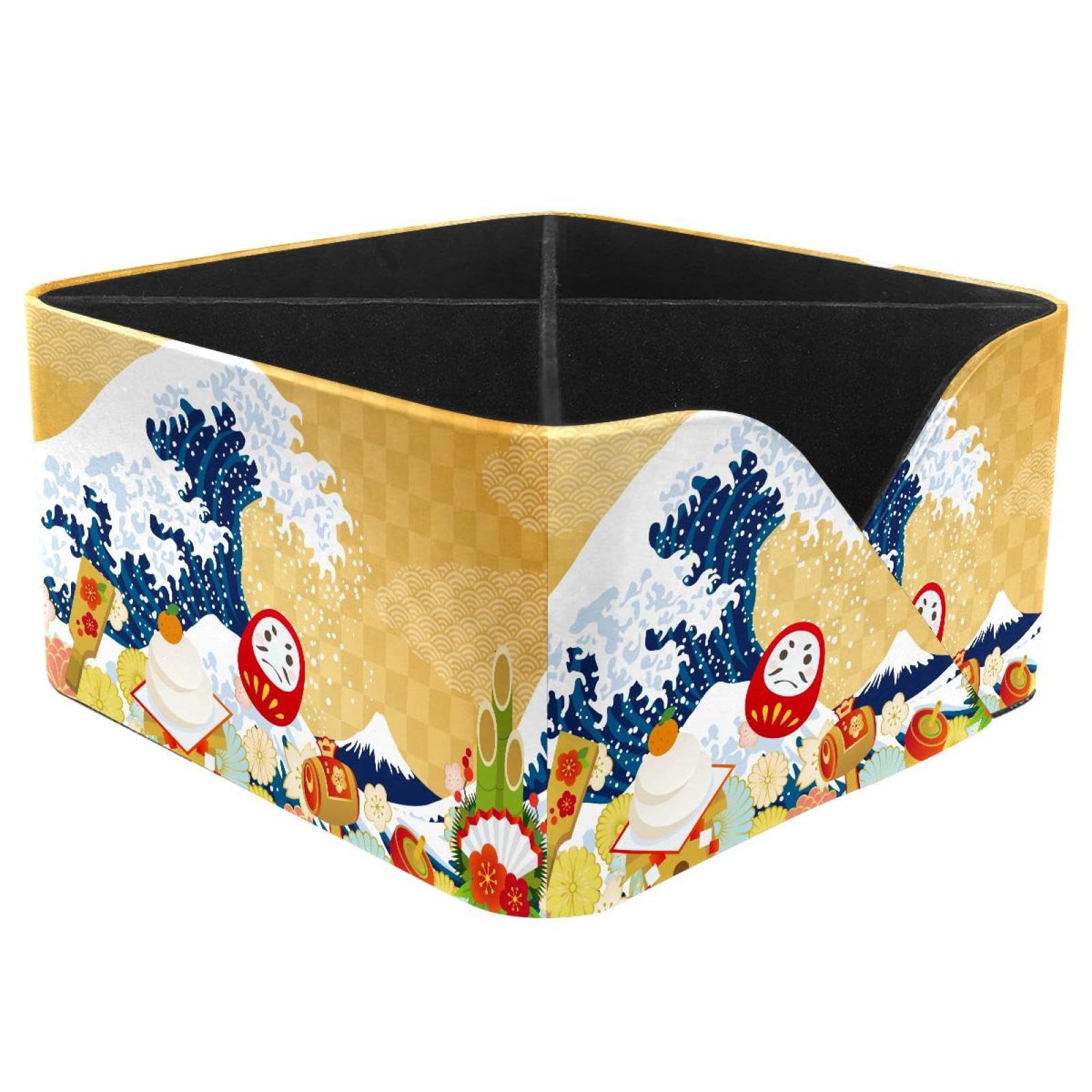 KengjuTesu Japanese Wave Symbol Pattern Desktop Organizer Pen Holder, Rectangular Pencil Cup for Office, Study and Makeup Stations