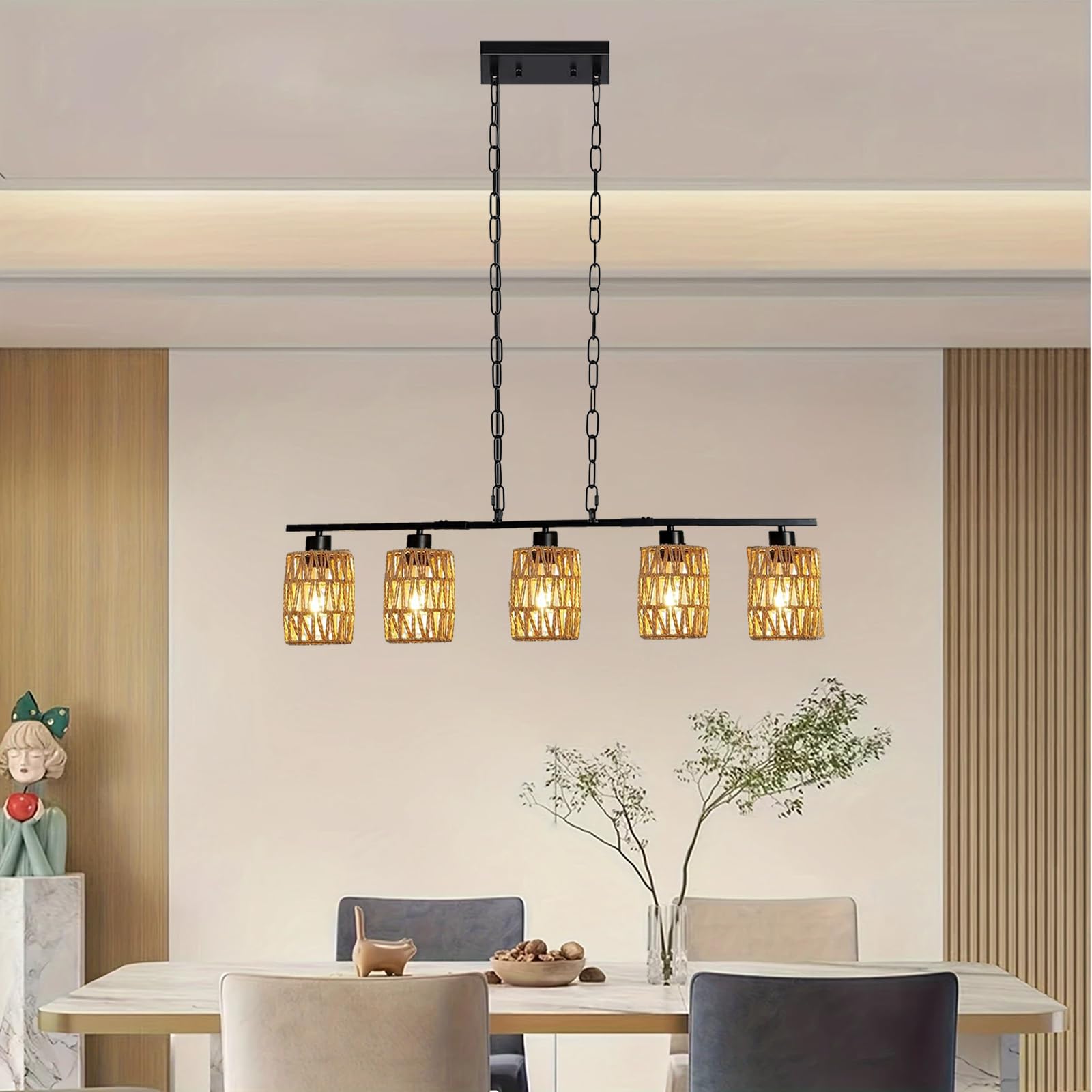 Pendelleuchte Rattan Schwarz 5 Flammige, Hängelampe Esstisch Boho HöHenverstellbar E27 Rustikal Retro Hängeleuchte Esstischlampe Hängend Vintage Metall für Küghe Esszimmer Wohnzimmer Bar Restaurant