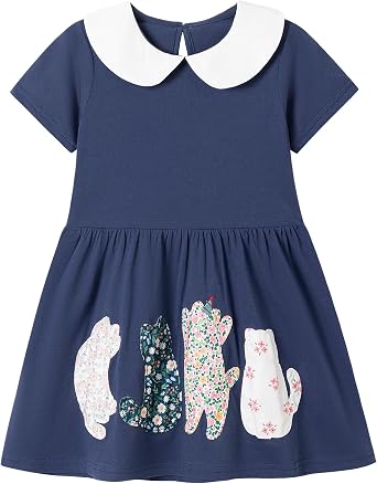 Hongshilian Toddler Girls Cotton Casual Dress Cartoon Print Short Sleeve Dress Girls Summer Sundress 2-7 Years