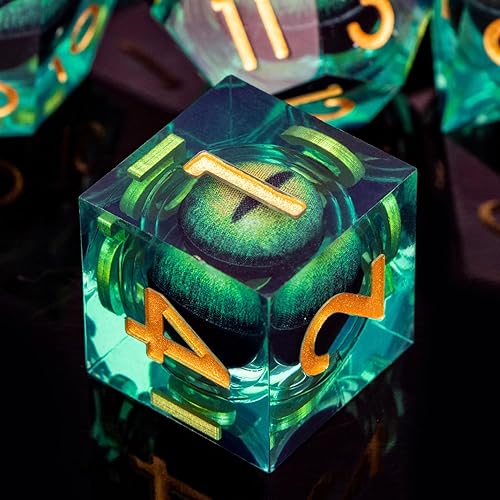 ORIFANTOU DND Juego de dados de ojo de dragón de resina de borde afilado con caja, juego de dados poliédricos verdes, dados D y D transparentes para