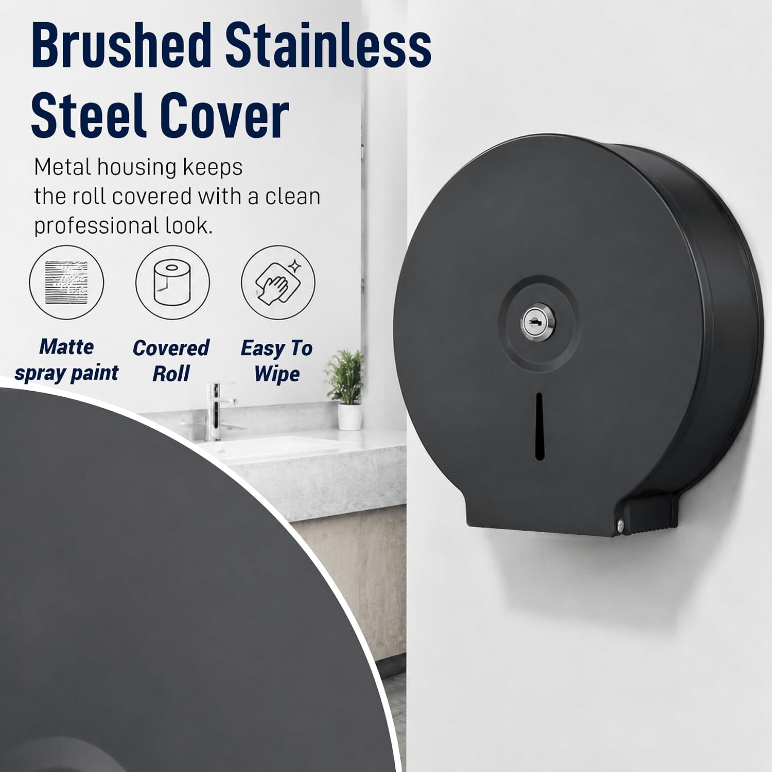 Commercial Lockable Jumbo Toilet Paper/Tissue Dispenser Holder | Fits rolls up to 9 in, Wall Mount Holder for Restrooms, Offices, Restaurants, Schools, Hospital, Stainless Steel, Black