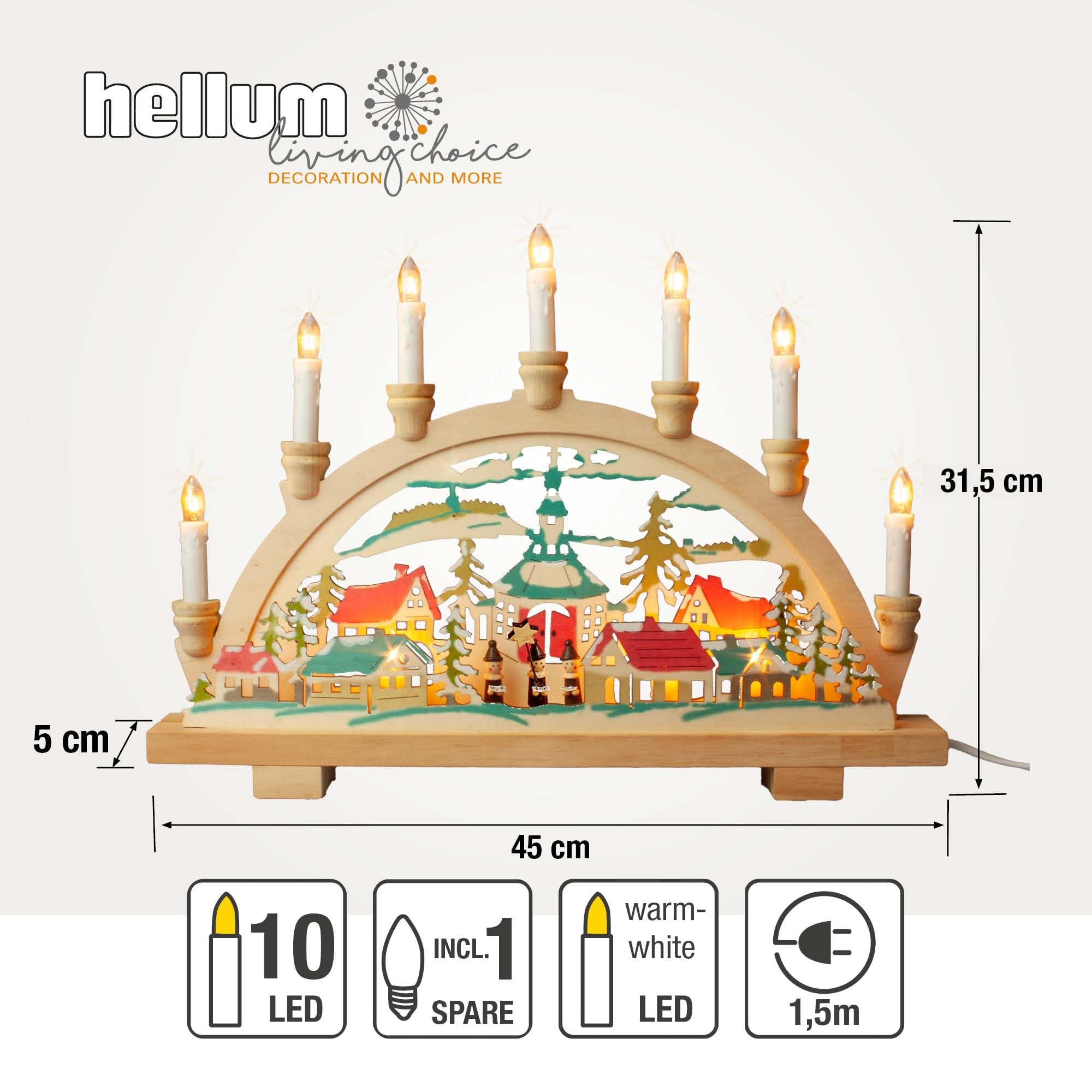 hellum 151817 Arche lumineuse, Décoration de Noël avec 10 bougies (+ 2 bougies de rechange) pour l'intérieur Motif chanteur d'étoiles en bois avec interrupteur et prise