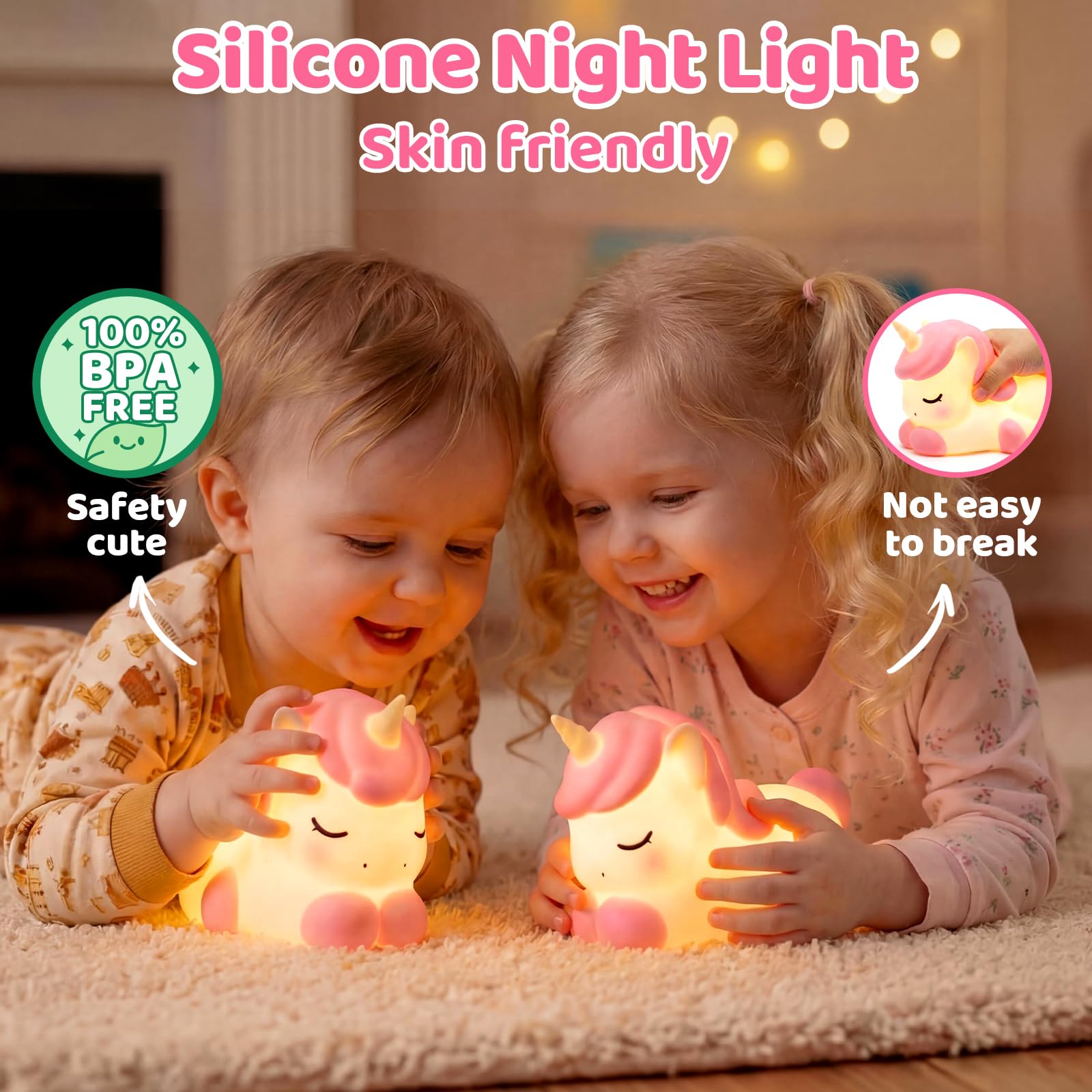 Mewaii Licorne Veilleuse Bébé Lampe Enfant Silicone 3 Niveaux Luminosité 7 Modes Couleur Rechargeable Cadeaux Filles Garçons