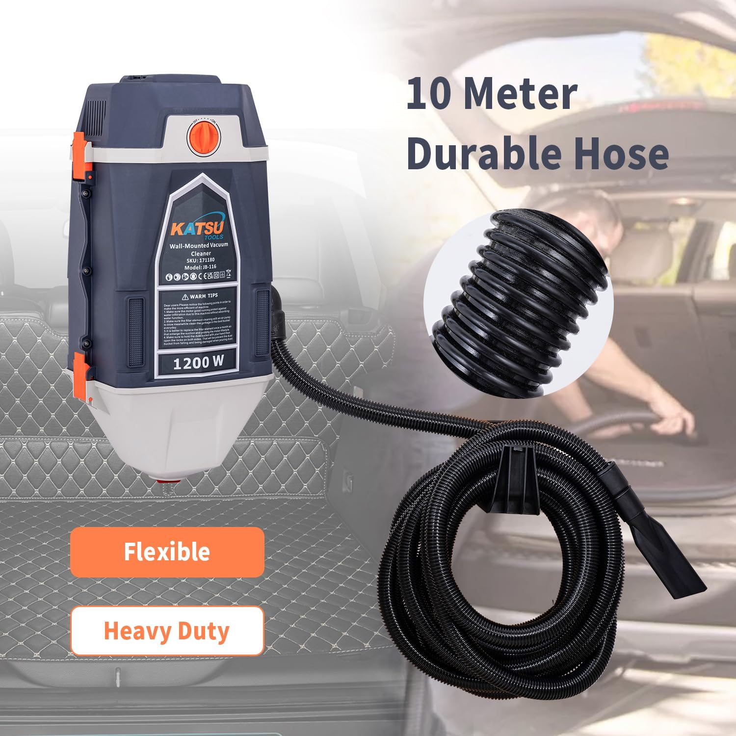 KATSU Tools Wandmontierter Garagenstaubsauger 25 Liter 1200W, Staubabsaugung und Gebläse für Auto und Werkstatt mit 10m Schlauch 171180