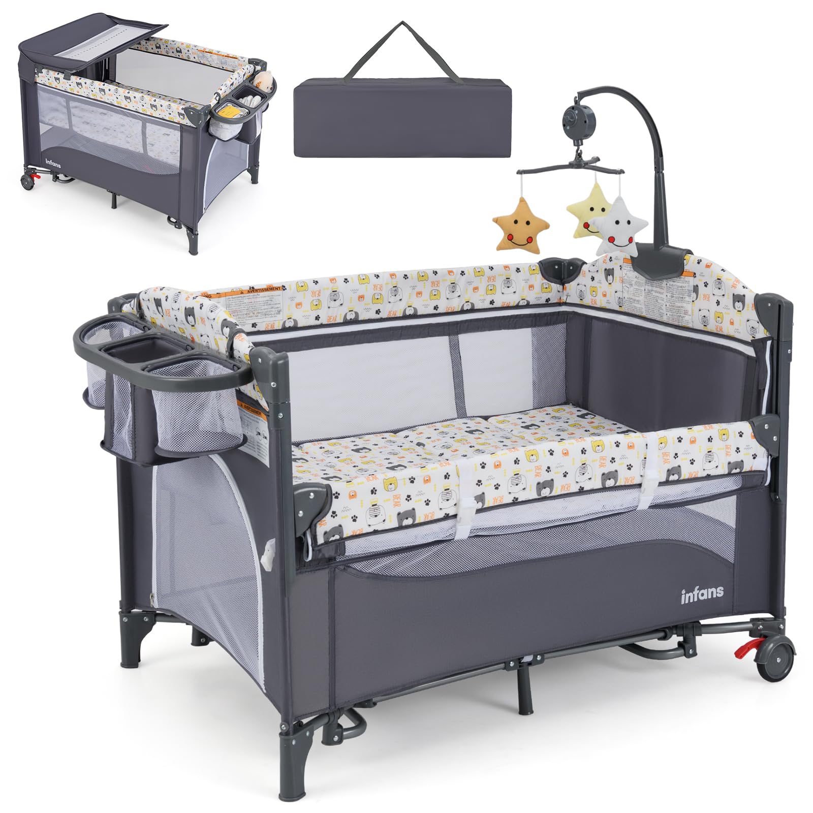 GYMAX Lettino Culla Fianco Letto, con Fasciatoio, Morbido Cuscino, Giocattoli Appesi e Spazio di Stoccaggio, Regolabile in Altezza, Box per Neonato, 2 Ruote e Borsa per Viaggio (Grigio e Giallo)