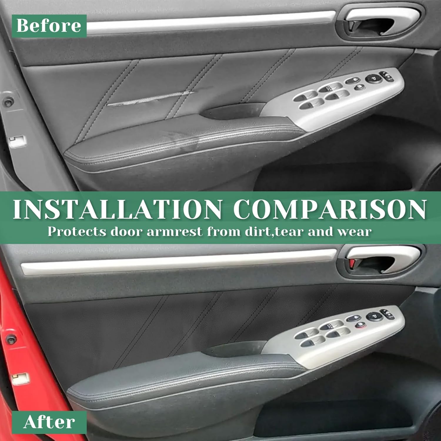 4PCS Door Panel Cover Compatible with Honda Civic 2004-2009 Front and Back Vinyl Leather Insert Cards Protector Trim Black (Only Leather Part)