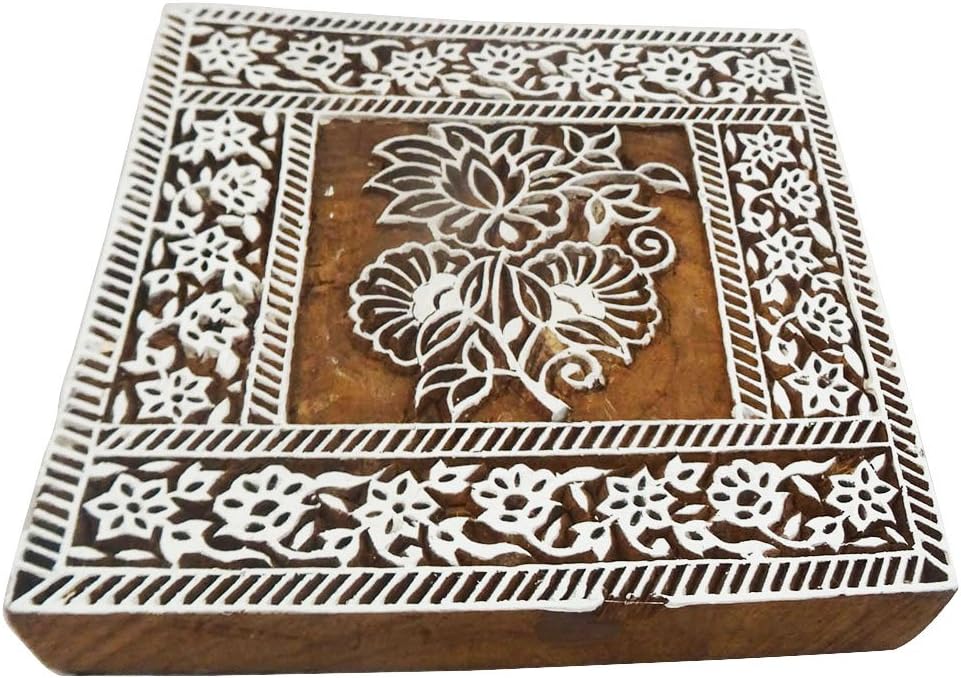 Hand Carved Wooden Block Floral Design Wall Hanging Showpiece Square Shape Large Brown Wooden Block Textile Printing Fabric Gift Item