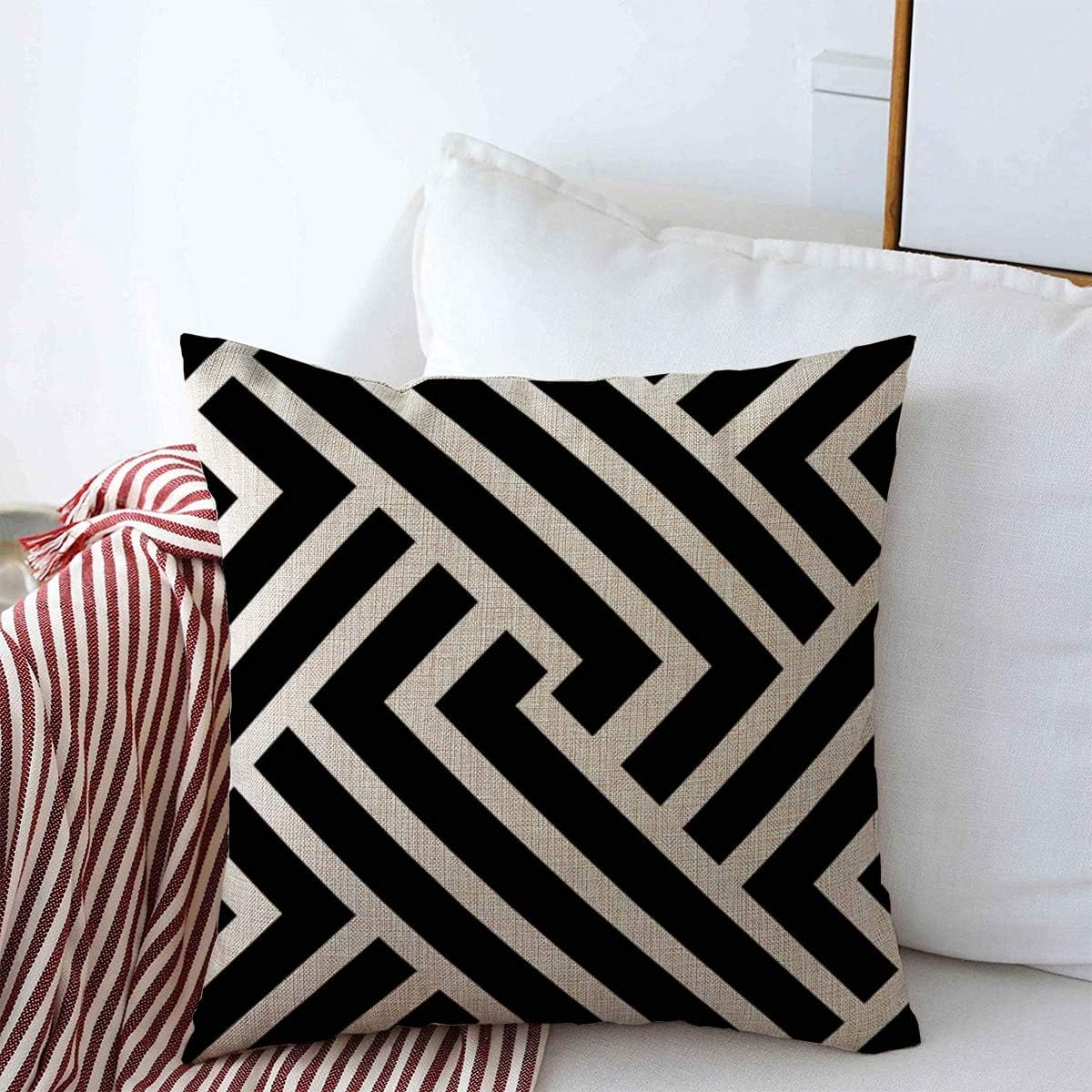 Decorative Square Throw Pillow Covers Geometric Chevron Pattern Stripes Black White Abstract Artistic Carpet Cushion Case for Sofa Bedroom Car 20 x 20 Inch