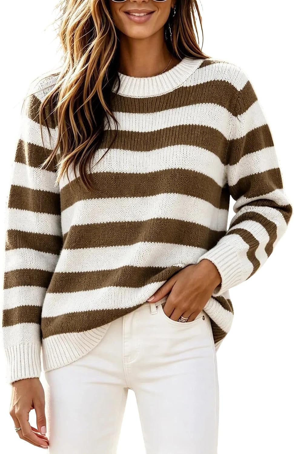 Women's Striped Sweater Crewneck Long Sleeve Casual Knit Pullover