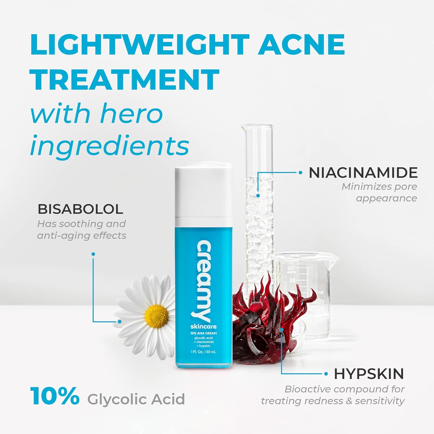 Creamy Skincare 10% Glycolic Moisturizer, Exfoliating Face Cream with Glycolic Acid, Niacinamide, and Hypskin, Nourishing, and Hydrating Cream, 1 fl oz/30mL