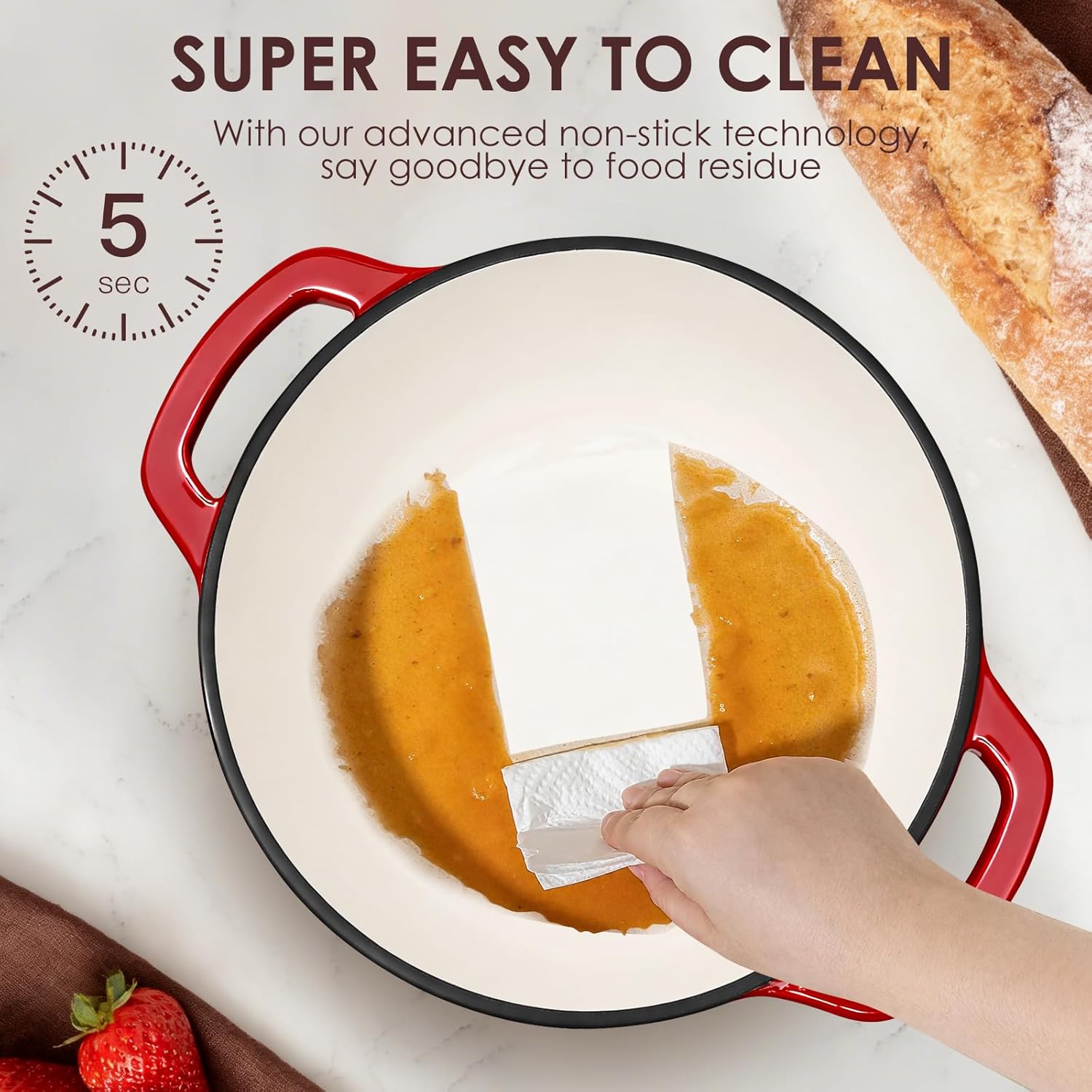 Enameled Cast Iron Dutch Oven Pot With Lid - AIVIKI 5QT Dutch Oven for Bread Baking With Cotton Potholders - Heavy-Duty Cookware for Braising, Stew, Roasting, Oven Safe up to 500°F, Red - Image 3