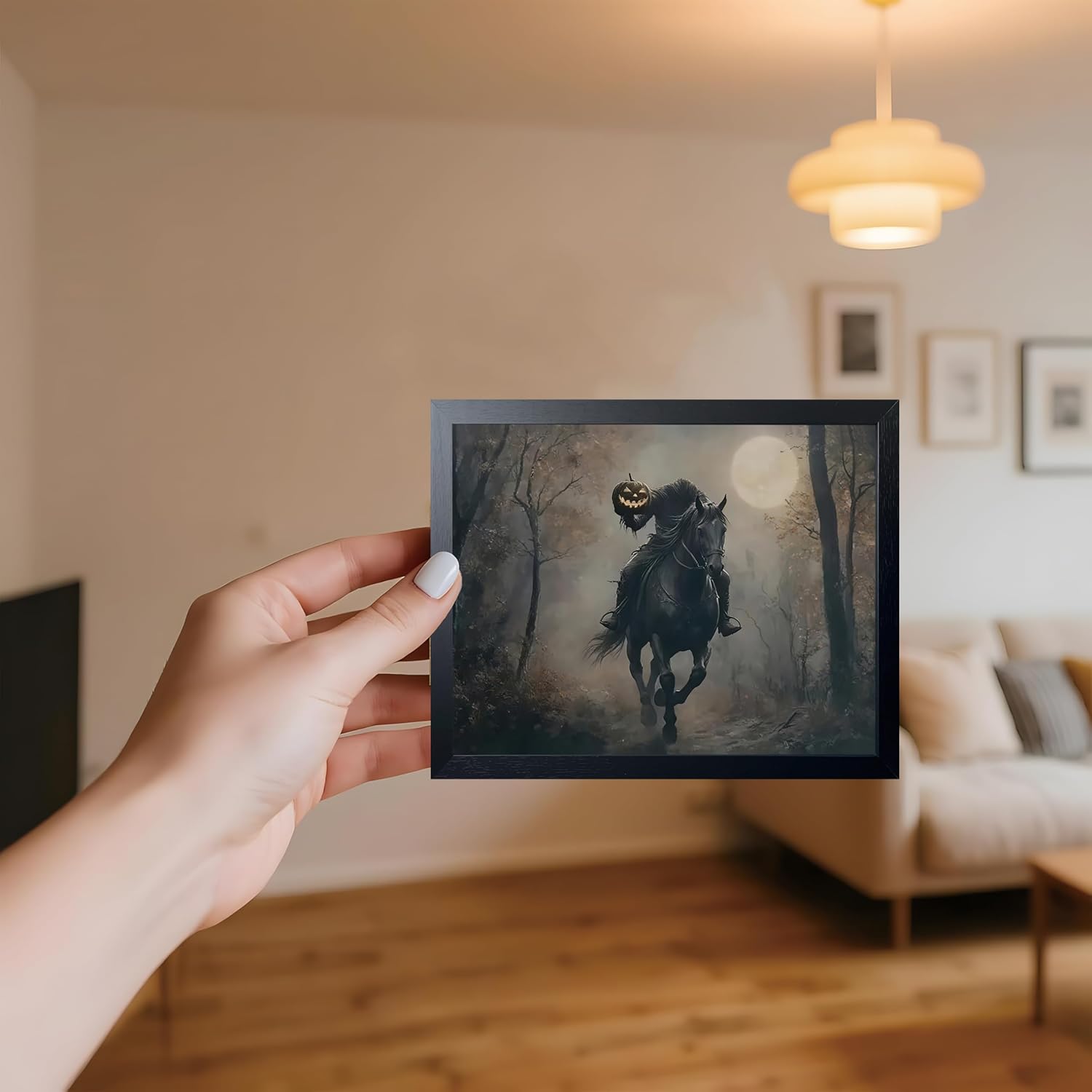 Vintage Canvas Wall Art, Dark Academia Wall Decor, Gothic Poster Print Painting, Headless knight holding a pumpkin lantern Halloween for Living Room Bedroom Decor 8x10 Inch Black Wood Framed - Image 6