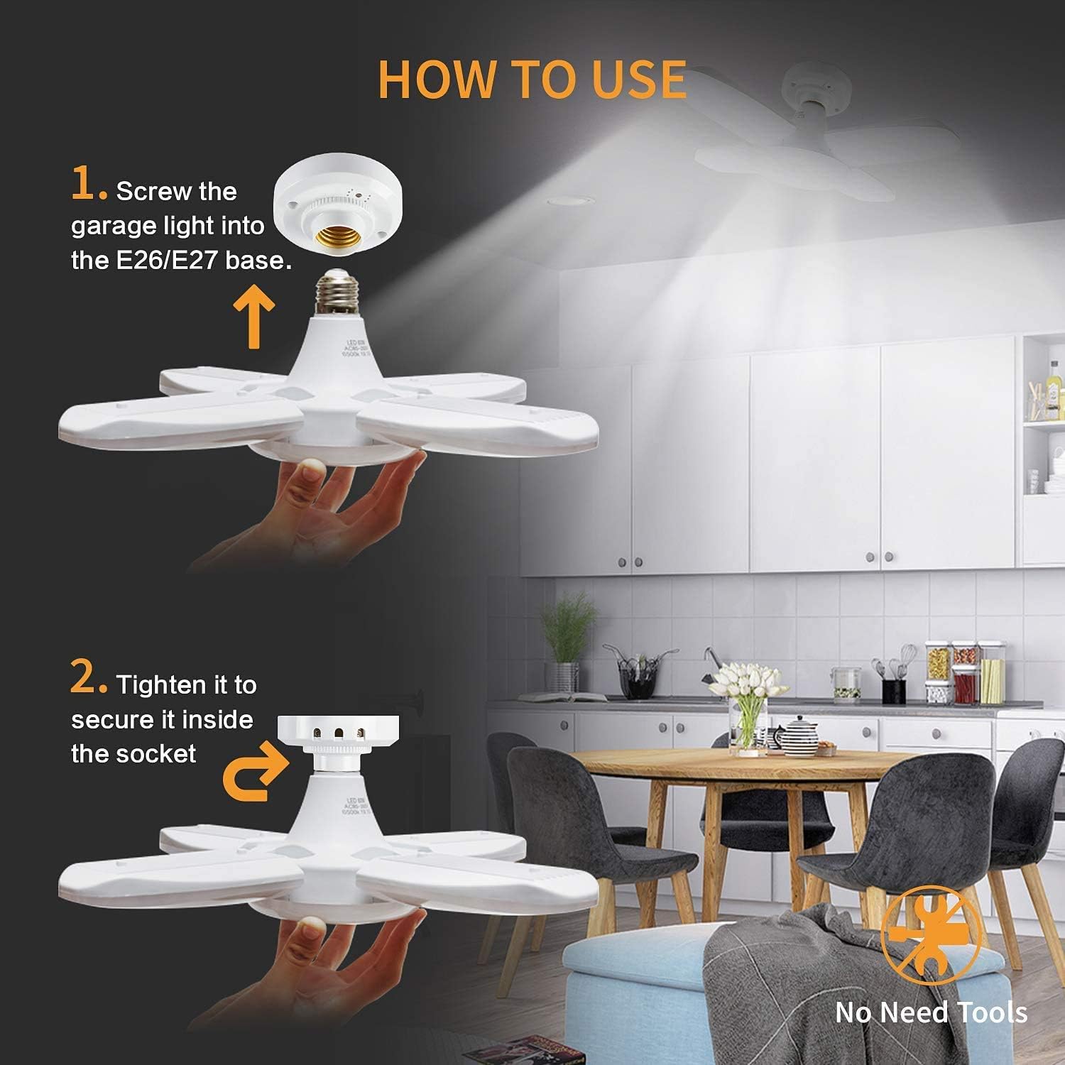 YYT LED Garage Light 4Pack 60W E26/27 6000LM Deformable Ceiling Trilights LED Lights 6500K Daylight White Garage LED Bulb with 4 Adjustable LED Panels, Bay Lights for Warehouse Workshop Basement Barn