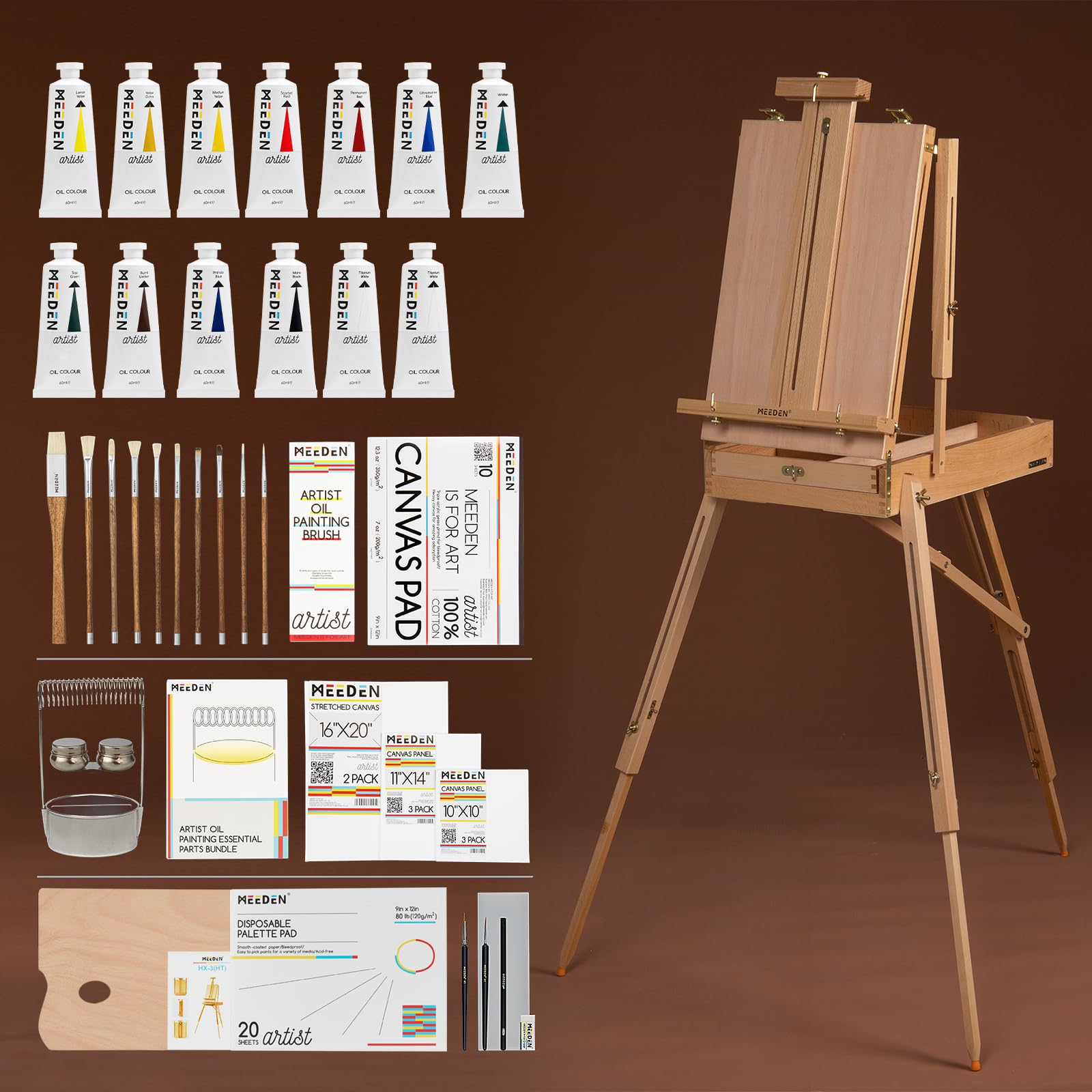 - MEEDEN Oil Painting Set with French Easel, Paint Kit with Easel,7x100ml/3.38oz Paint, Paintbrushes,Canvas & Oil Painting Supplies for Adults &Artists