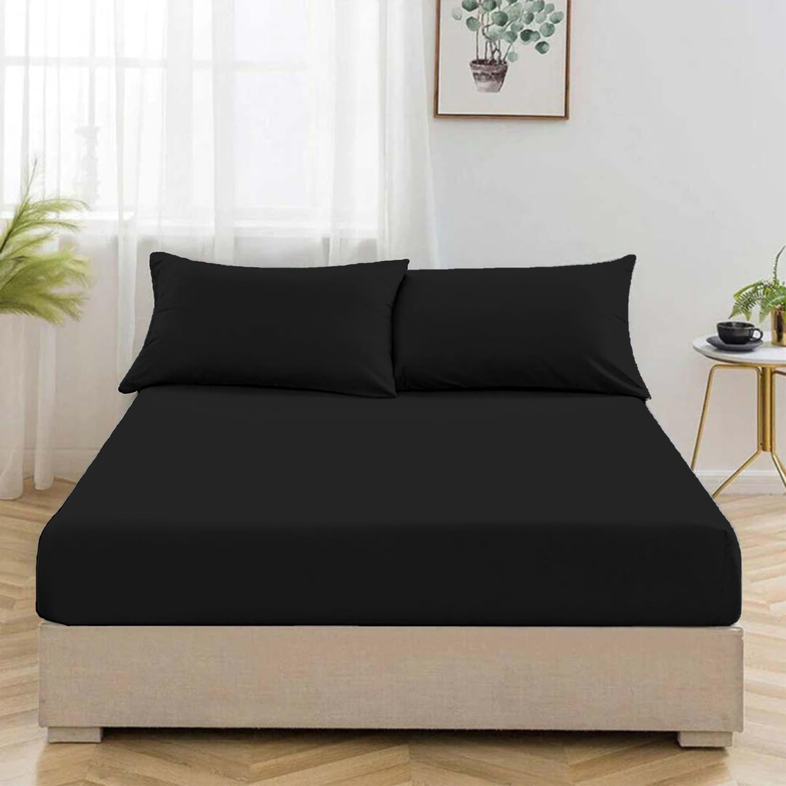 Egypto Bedding Black Egypto Percale King Size Fitted Sheet - 40-Cm Extra Deep Fitted Sheets With All-Around Elastic - Breathable, Wrinkle Resistant, Anti-Allergy Bed Sheet (King Bed Fitted Sheets, )