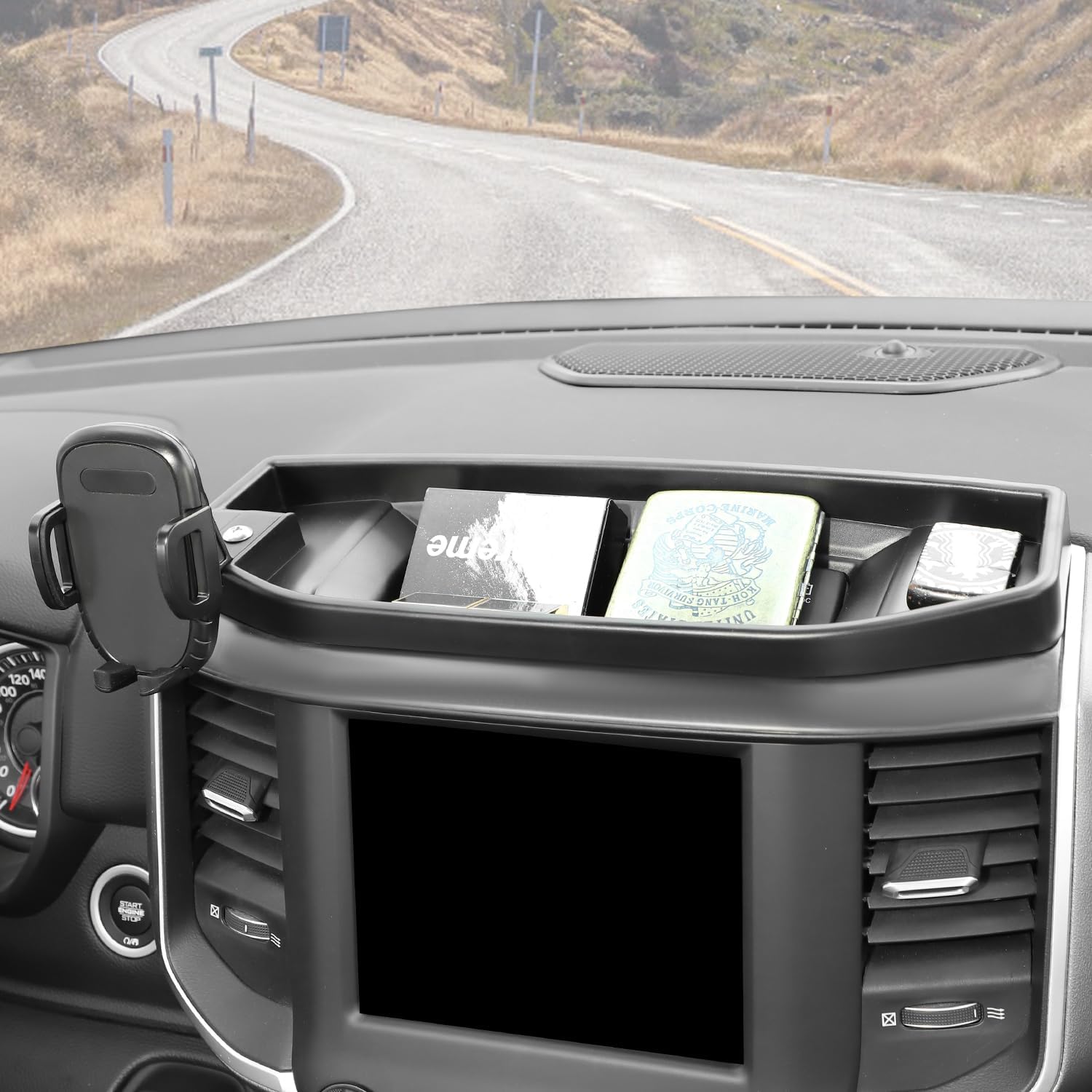 RT-TCZ Cell Phone Holder Dash Mount Holder with Storage Box Bracket Center Console Interior Accessories Compatible with Dodge RAM 2018-2023,for 8.4-inch Screen