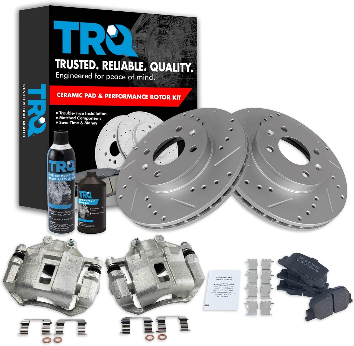 TRQ Front Performance Brake Pad, Caliper, & Rotor Kit, with Chemical Kit Ceramic Premium G-Coated Compatible with 2006-2011 Hyundai Accent Kia Rio