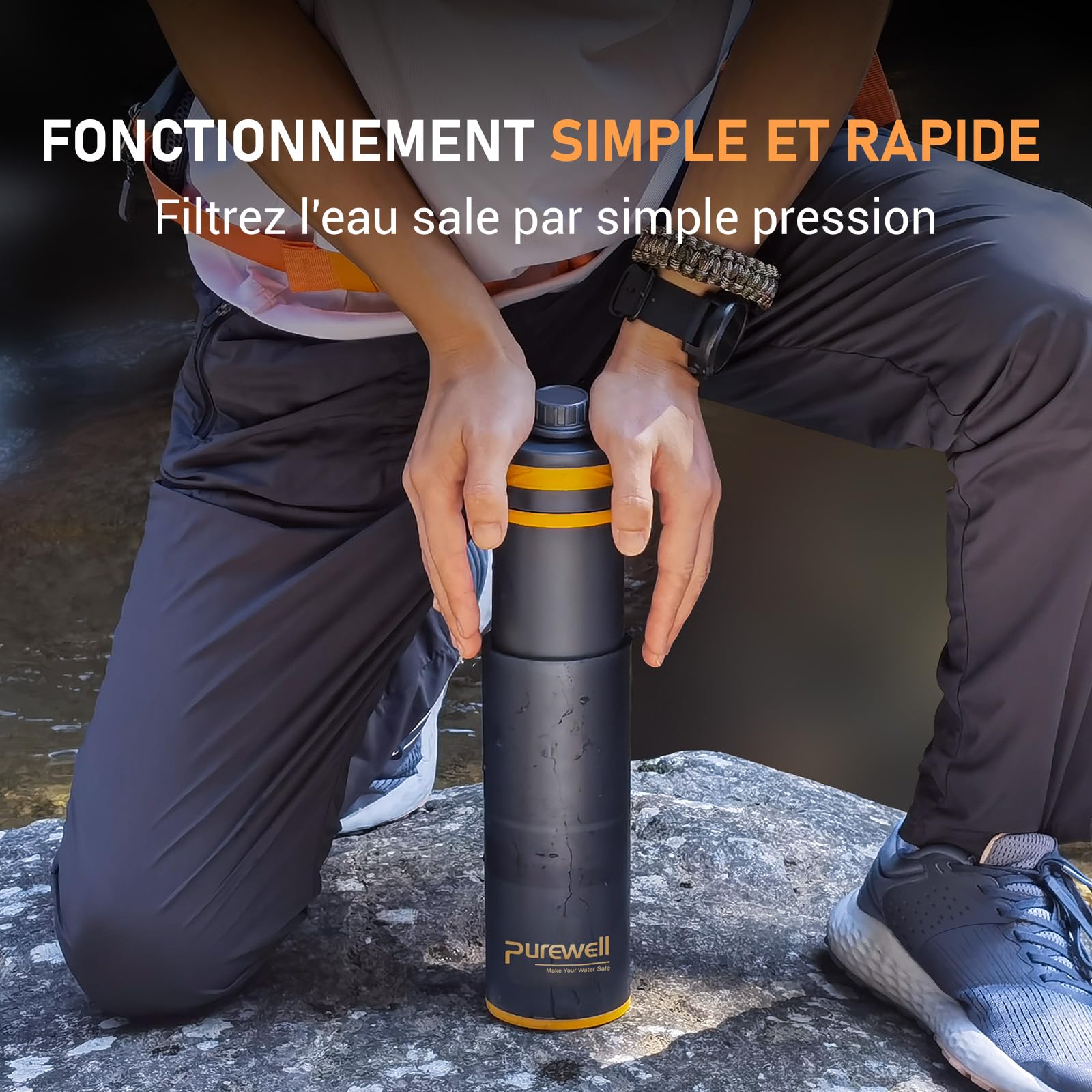 Purewell Gourde Filtrante Outdoor 500ml - Système Press & Drink Filtre 99,999% des Bactéries, Virus, Chlore & Odeurs - Capacité de Filtration 10000L pour Camping, Randonnée, Survie et Voyages