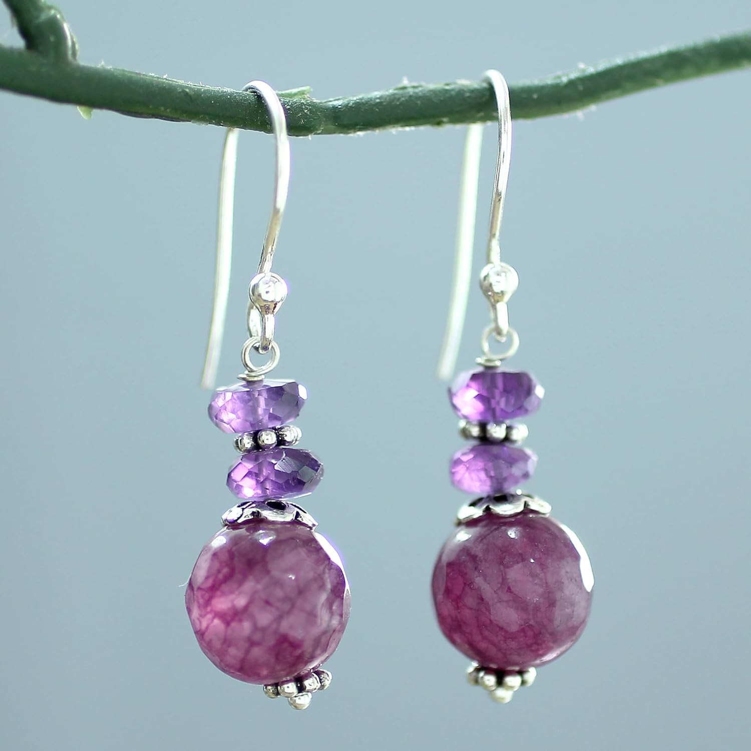 NOVICA Artisan Handmade Amethyst Dangle Earrings Indian Agate Sterling Silver Purple Beaded Birthstone [1.5 in L x 0.4 in W x 0.4 in D] ' Graceful Amethyst'