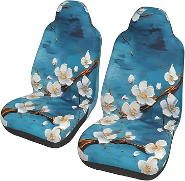 Car Seat Covers Cherry Flowers Oil Painting Front Seat Covers Set of 2 Elastic Car Seat Covers Universal Fit for Car Truck SUV Automotive Interior Accessories for Women Men